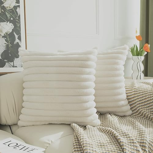LIGICKY Juego de 2 fundas de almohada decorativas de doble cara a rayas peludas de piel sintética para sofá y cama de 18 x 18 pulgadas