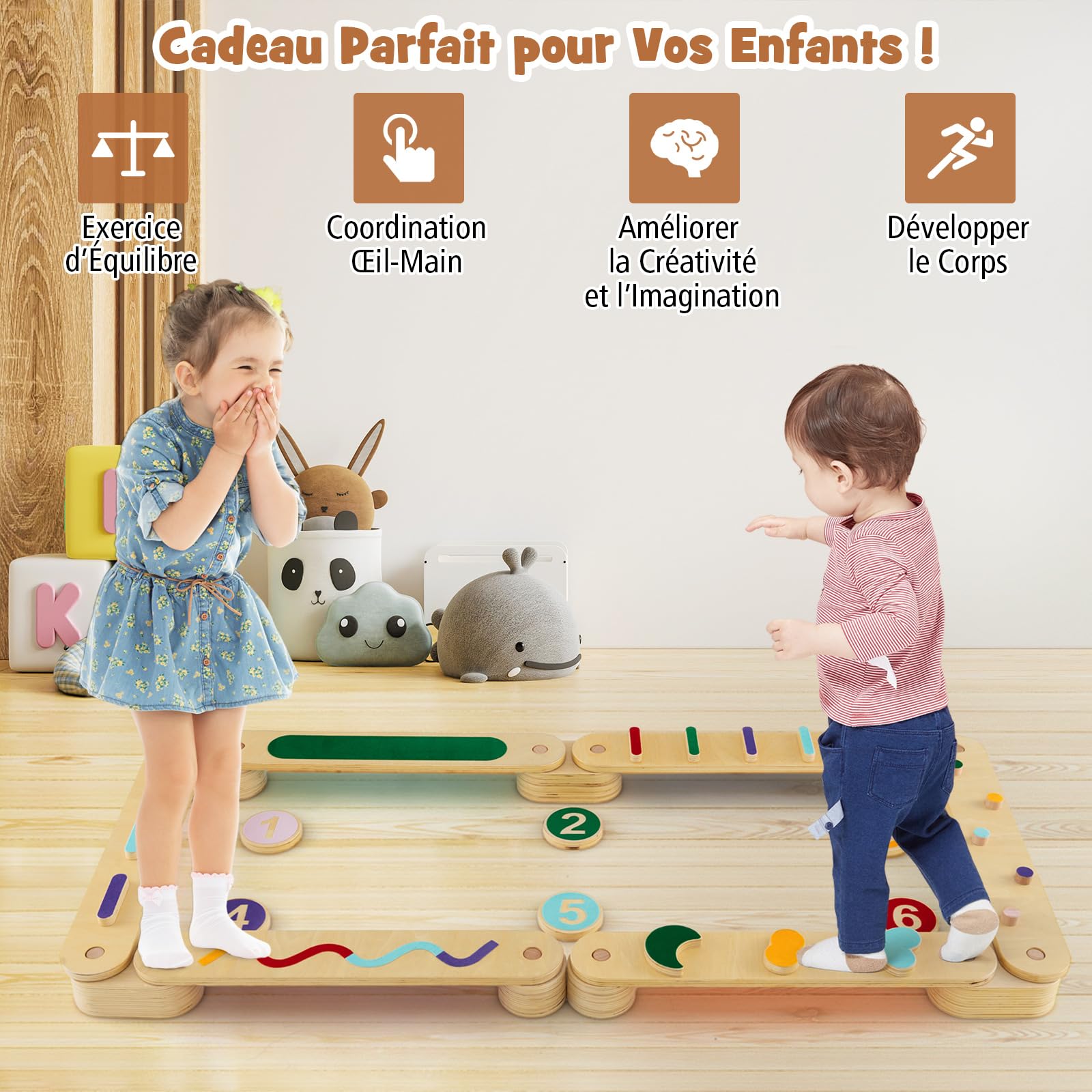 GOPLUS Poutre d'Equilibre Enfants, Poutre d'Equilibre Montessori Bois avec Tremplins, Double Face, Combinaison Libre, Parcours d'Obstacles pour Enfants 1 Ans,Charge 60KG Multicolore