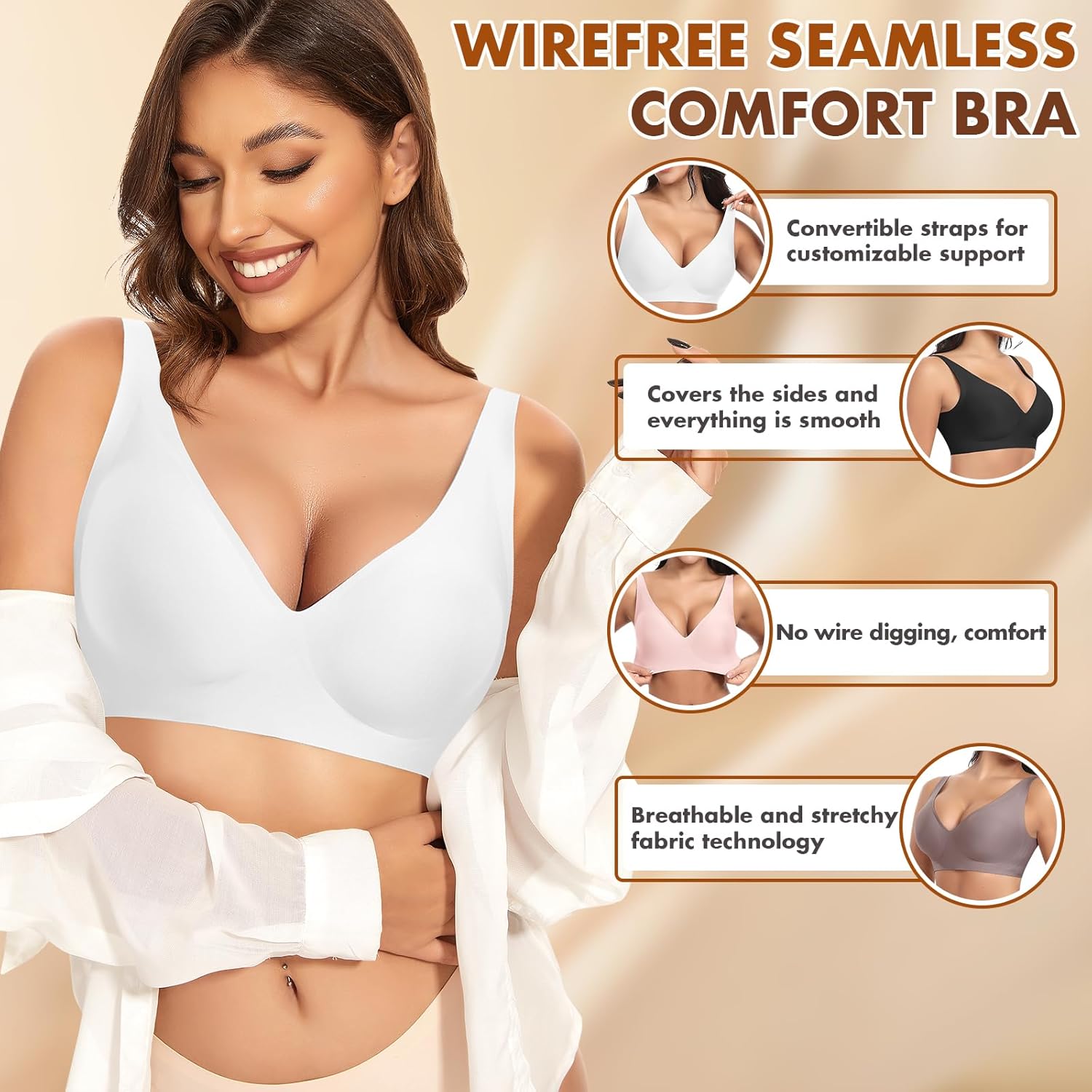 Deep V Wireless Bras for Women Seamless No Underwire Bra Comfortable Everyday Wirefree Bras - Image 3