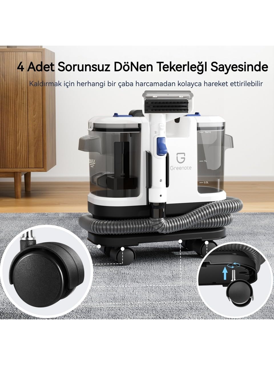 Greenote Halı/Koltuk Yıkama Makinesi ve Spot Temizleyici – Sofa, Halı ve Araç İçin Uygun, Güçlü Islak/Kuru Vakum, 1.8 L Su Tankı, Tekerlekli Tasarım