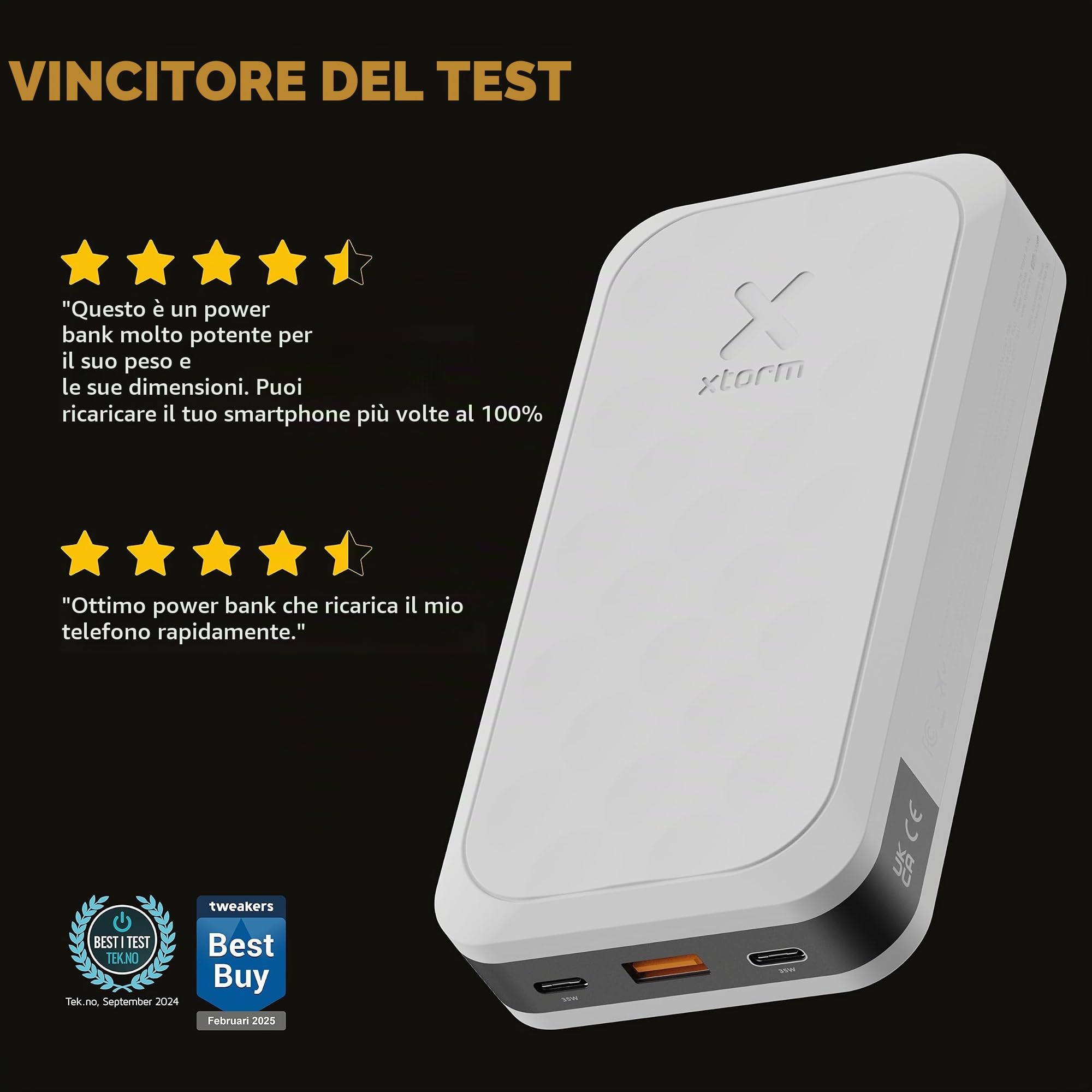 Xtorm Fuel serie5 power bank 20.000mAh 35W uscite USB-C e USB-A bianco | Adatto per smartphone tablet ed accessori compatibili portatile, con display digitale, ricarica rapida, in plastica riciclata