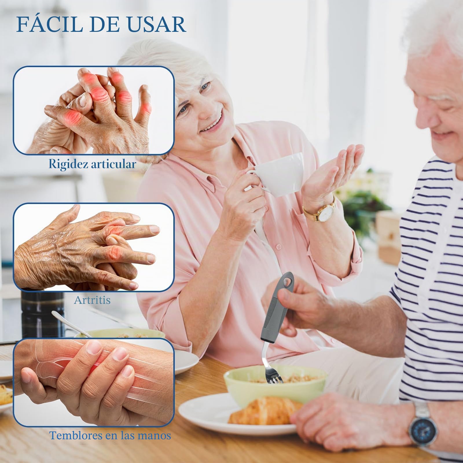 Set de Cubiertos Parkinson para Personas Mayores, 5 Piezas Adaptive Eating Utensils, Antideslizante Cubiertos Easy Grip Acero en Inoxidable para Ancianos, Artritis, Parkinsons y Discapacitados