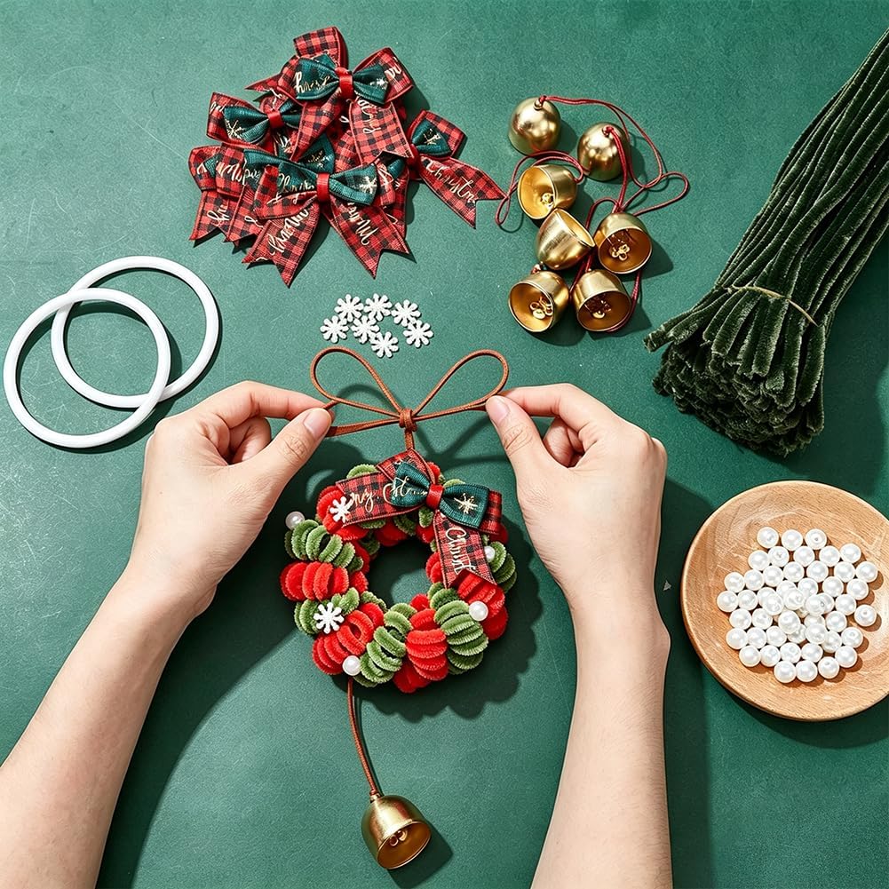 ORIGACH 4 Sets DIY Christmas Wreath Crafts Kit, 454 Pcs Easy to Make Holiday Pipe Cleaner Wreath Supplies with Bells, Bow, Pearls & Rope for Christmas Tree, Home Decor, Xmas Party Gift image 4