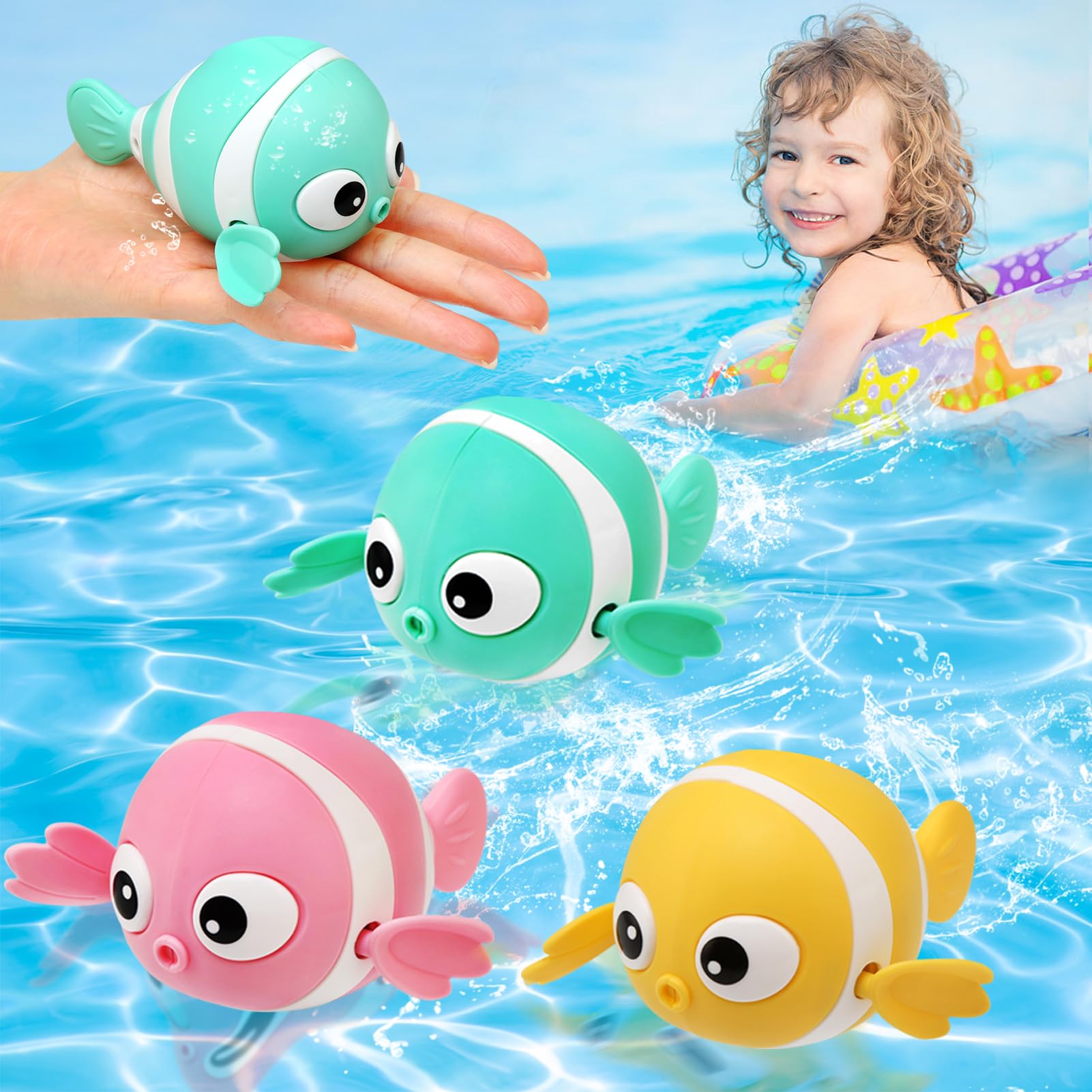 BelleStyle Baby Bath Toys, Bathtub Toys for 1 2 3 Year Old, Wind Up Paddling Pool Toys Floating Swimming Clownfish Clockwork Water Toys Game for Kids Toddler Girls Boys, Baby Bath Time Shower Gifts