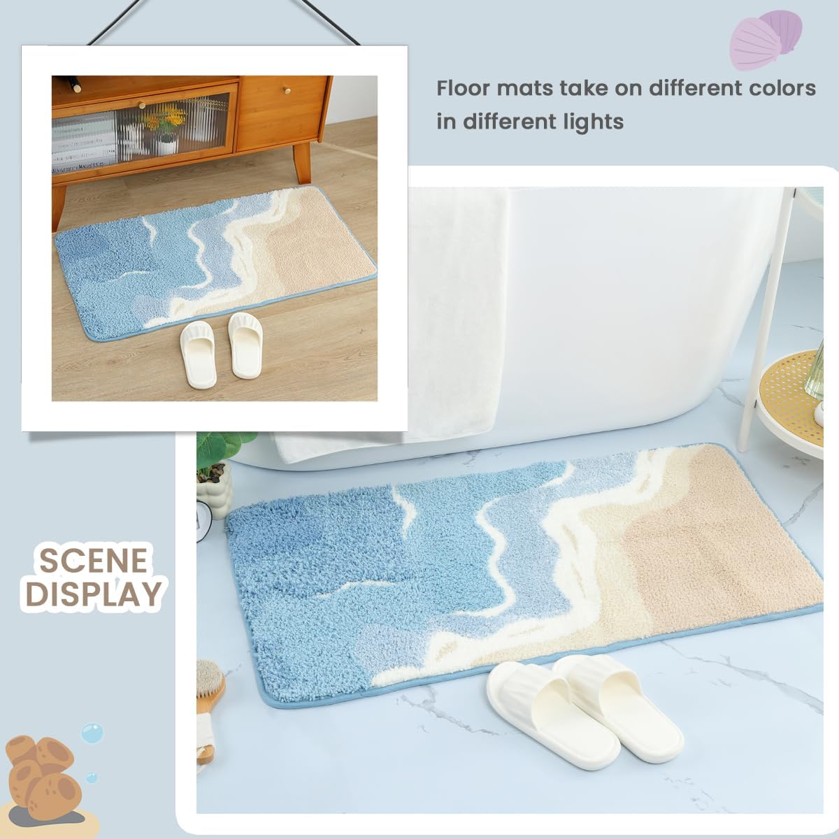 Cute Ocean Bathroom Rug Super Absorbent Bath Mat Machine Washable and Non Slip Fluffy Carpet for Shower, Bedroom and Living Room (23"x16", Ocean) - Image 8