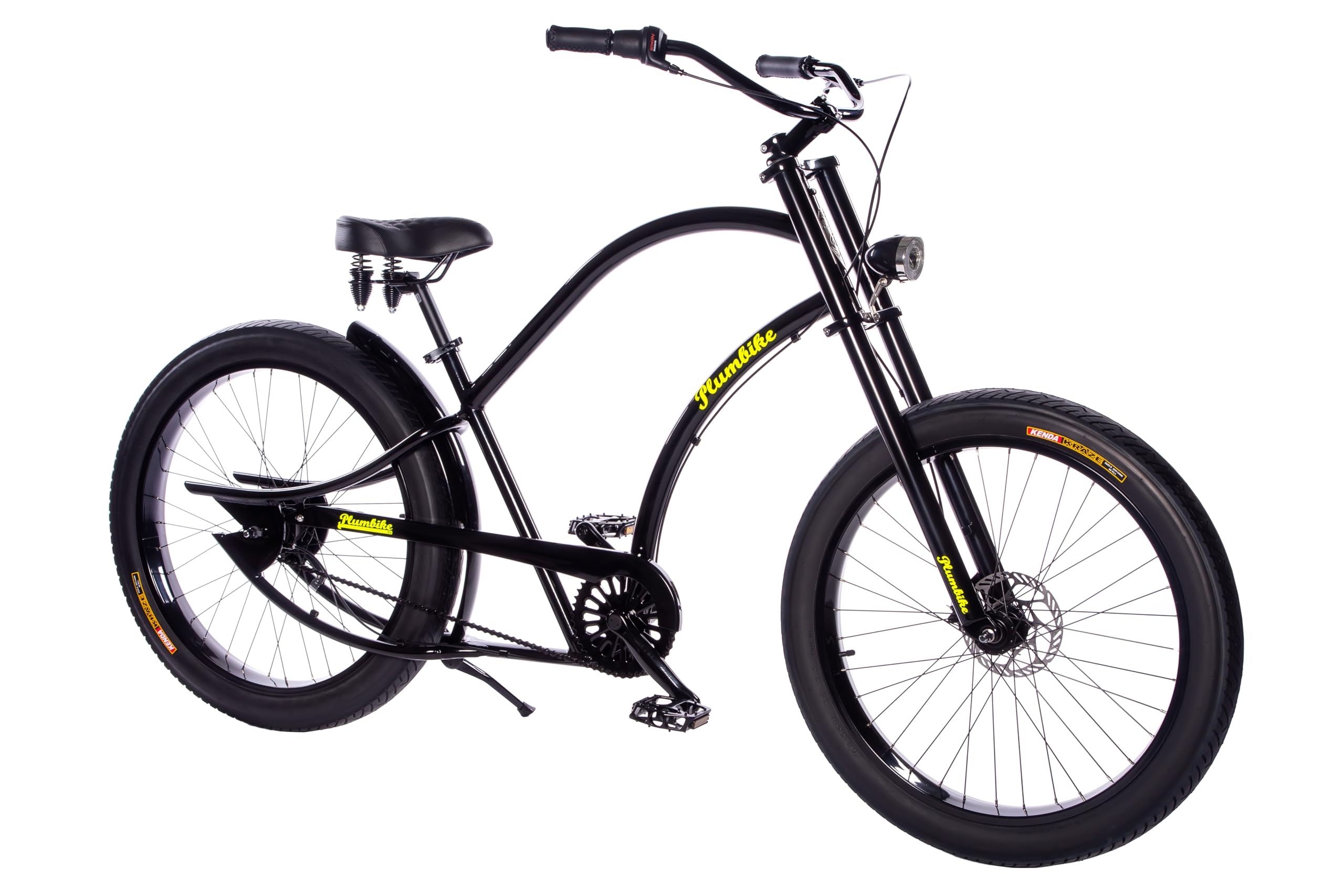 Plumbike Grand Chopper Unique Glossy Black Fahrrad 26 Zoll Herren - Amerikanische Old School City Bike - Großer Fahrradsattel Urbanes Stadtahrrad - 7-Gang-Version, Scheibenbremse