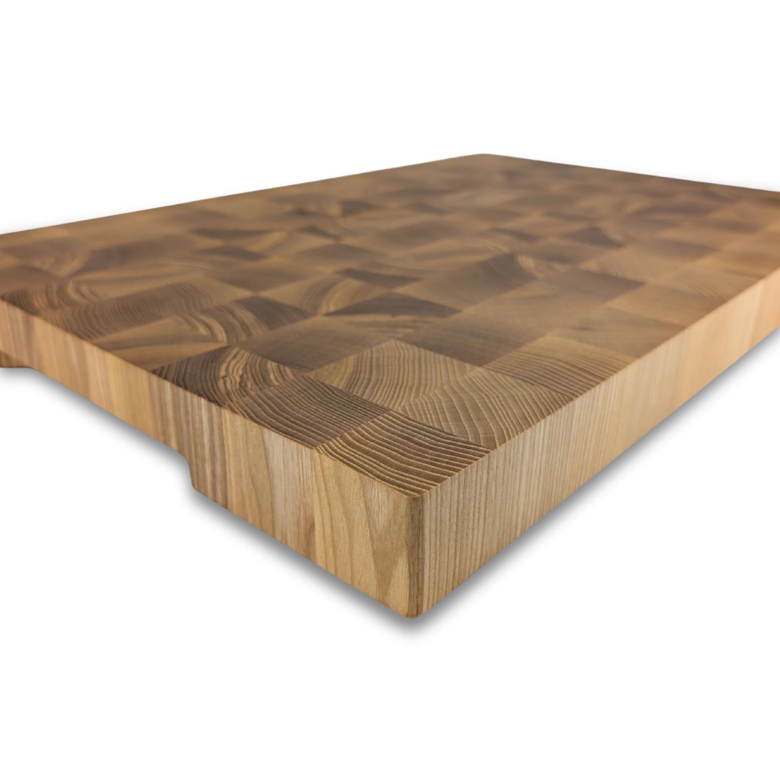 Premium Stirnholz Schneidebrett XXL aus Eschenholz – 60 x 40 x 4,5 cm Riesiger Hackblock ohne Saftrille, mit Griffmulden & Rutschfesten Silikonfüßen – Handgemacht in Manufaktur