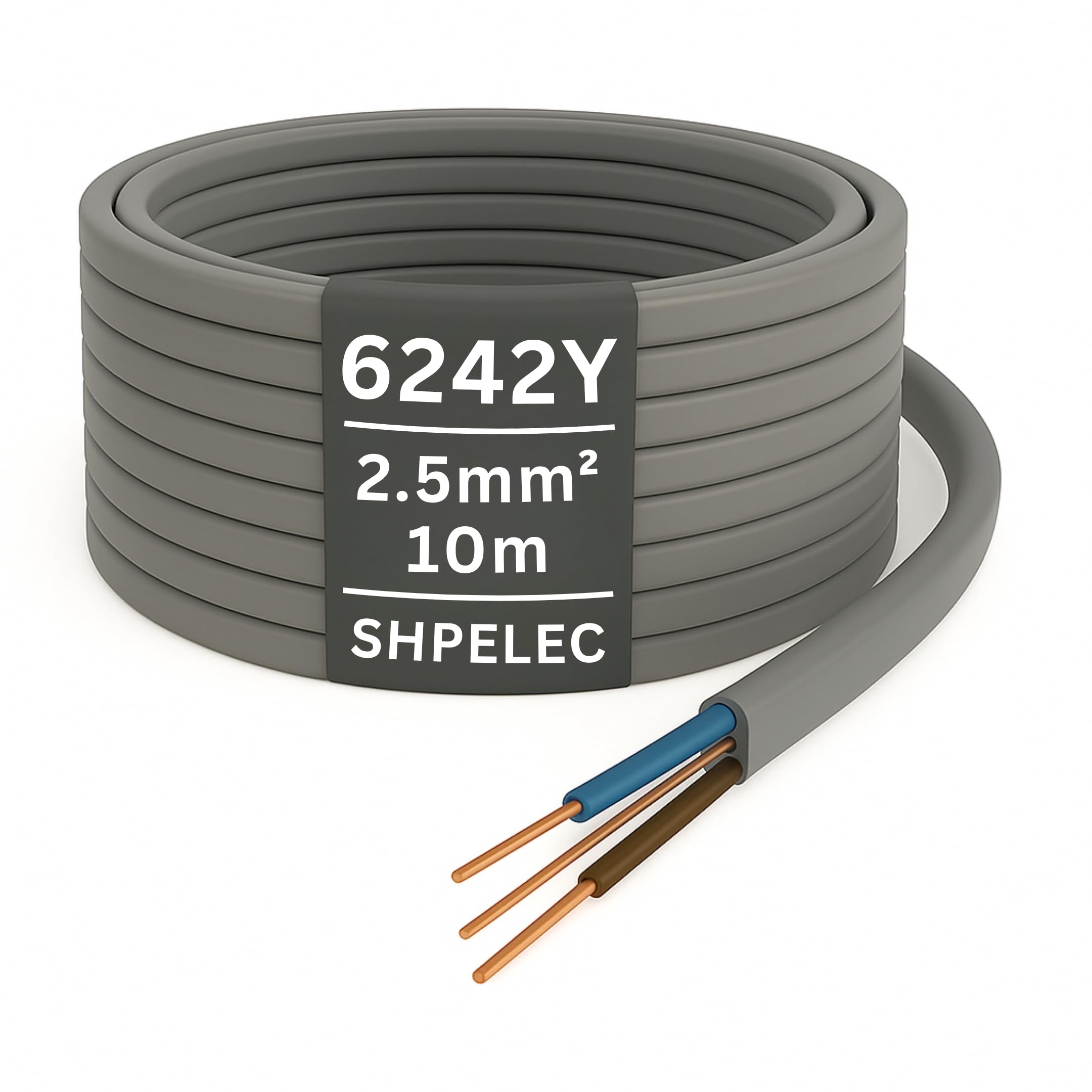 SHPELEC® 6242YH Twin and Earth Cable - 2.5mm | Electrical Mains Socket Ring Wire BASEC Approved - Multiple Lengths (10metres - 2.5mm Twin and Earth Cable)
