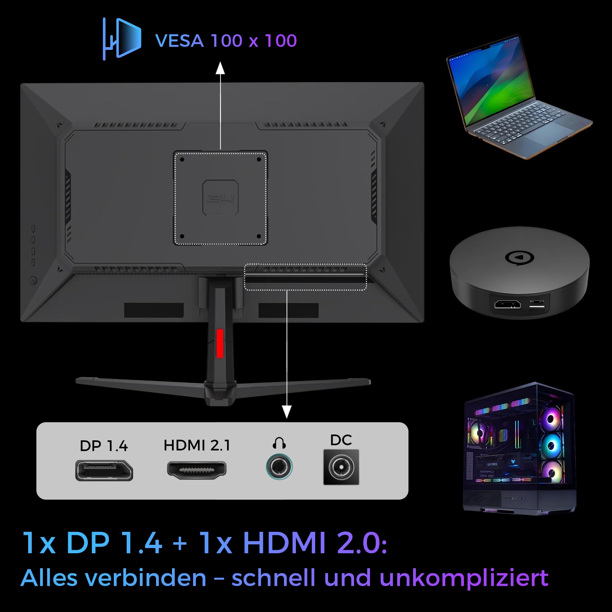 LC-POWER 24 Zoll FHD Gaming Monitor, 1920 x 1080 Rapid IPS Panel, 144Hz, 1ms MPRT, HDMI 2.0/DP 1.4, Frameless Design, VESA 100x100mm
