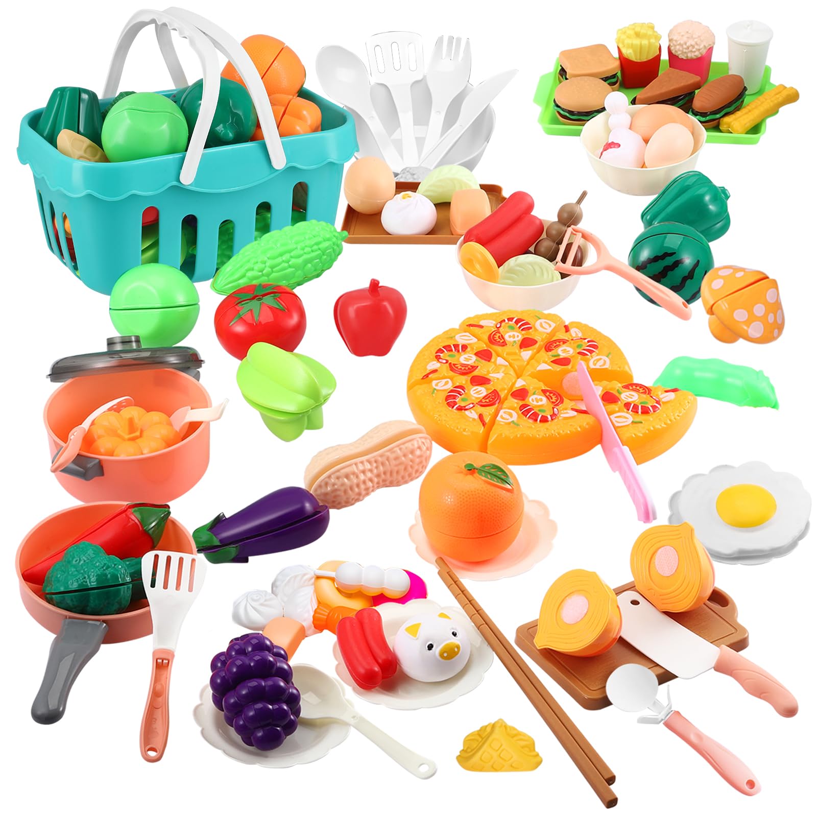 QCXWCJWD Kids Pretend Play Kitchen Accessories Set, 86 Pcs Toy Kitchen Fruit and Veg, Role Play Cutting Fruit Food Toy and Cookware Pot & Pan Set, Kitchen Gift for Boys Girls Age 3+