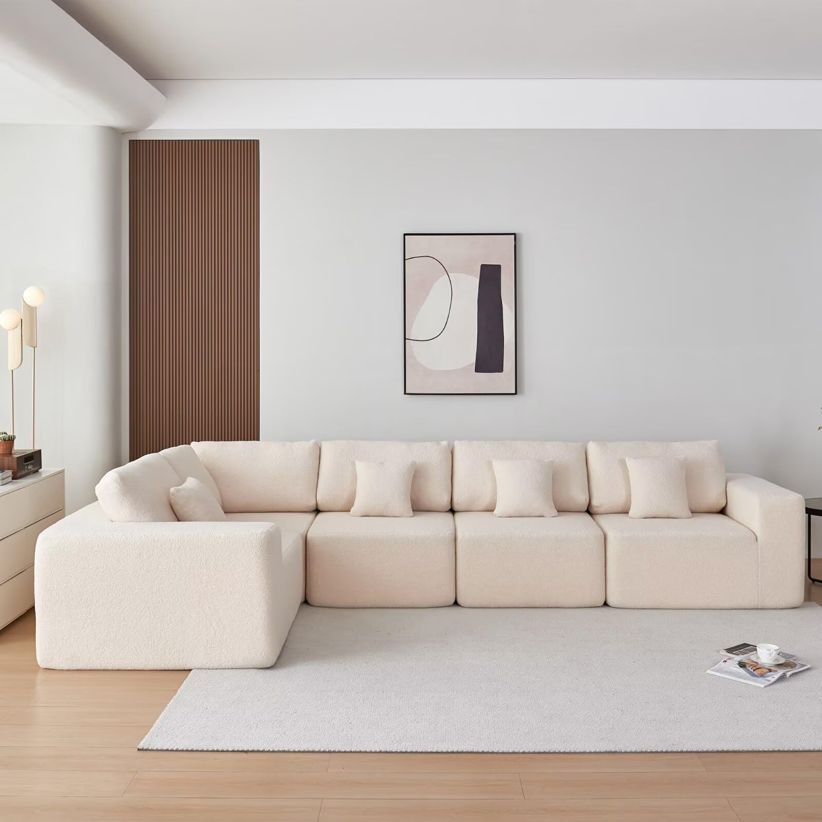 Oversized Modular Sherpa Fabric Sofa Set, Convertible U-Shaped 5-Seat Sofa with Chaise, No-Assembly Deep Seat Comfy Cloud Couch - Beige