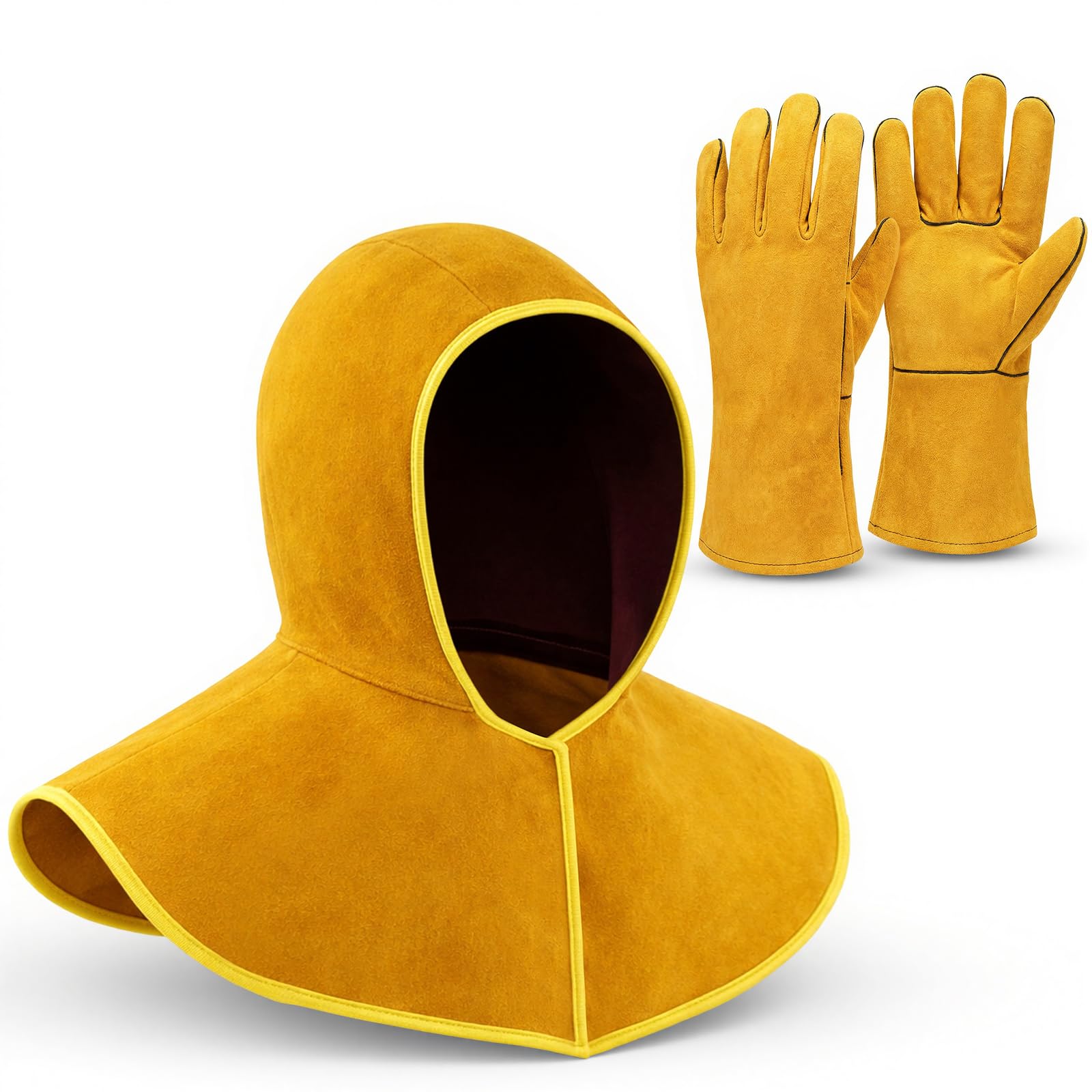 Tellegloww Capucha y guantes de soldadura de cuero, protector de cuero vacuno con cubierta de hombro para cuello, protege contra chispas y evita quemaduras