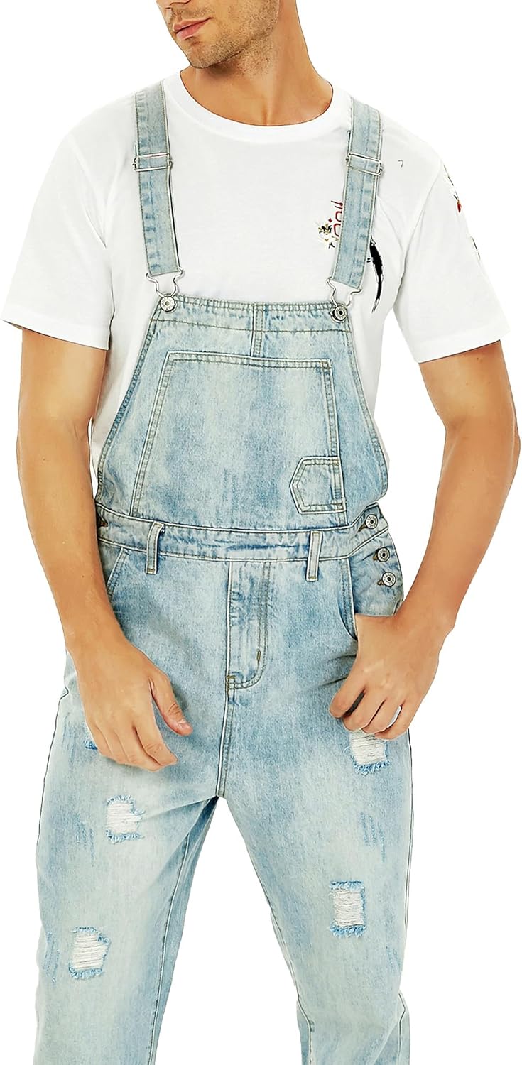 Men's Light Blue Slim Snow Washed Denim Bib Overalls - Image 7