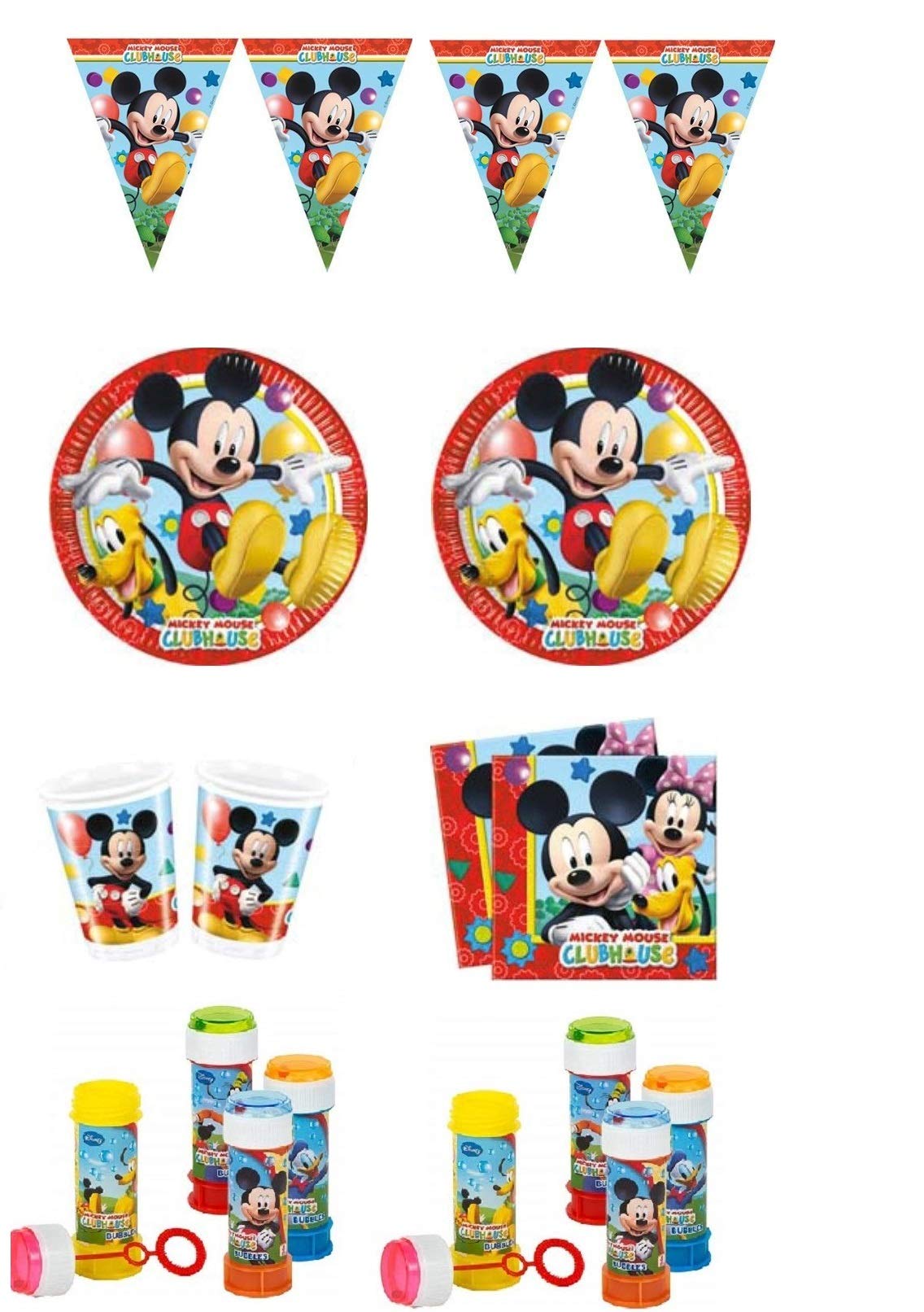 Zeus Party Kit Coordinato per Feste E Compleanno Topolino Micky Mouse (Piatti-Bicchieri-tovaglioli-Tovaglia-Bolle di Sapone) per 32 Persone