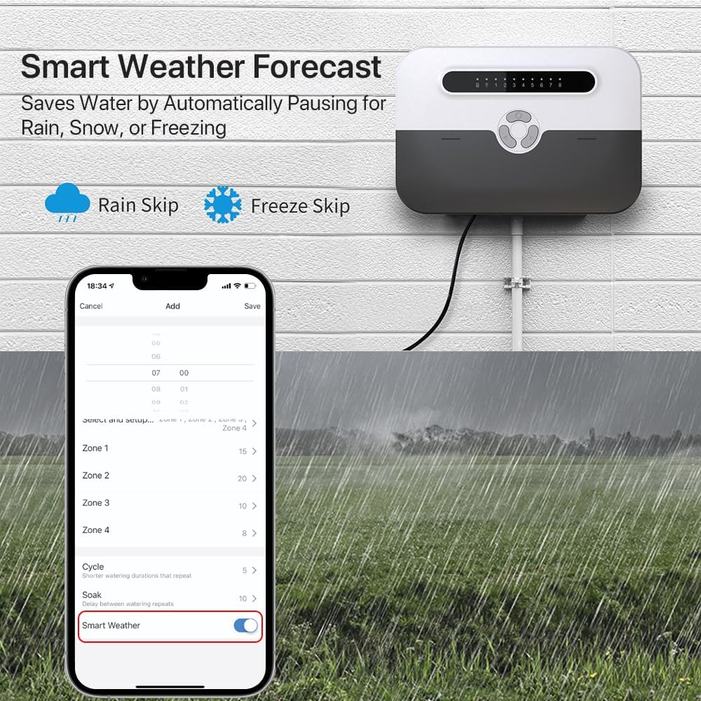 Smart Sprinkler Controller, 8 Zone WiFi Irrigation Controller with APP Control, Indoor Outdoor Automatic Water Timer, Weather-Based Skip & Custom Schedules, Easy DIY Installation