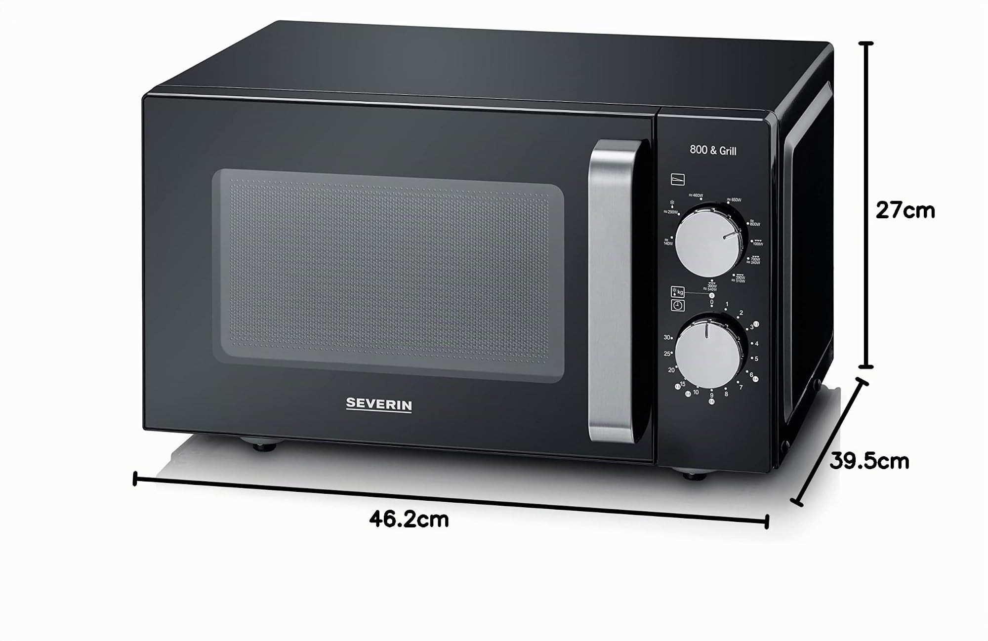SEVERIN Forno a Microonde 2 in 1 con Grill, 20 Litri, 800W/1000W, 9 Livelli di Potenza, Fondo Piatto in Ceramica, Cottura 2 Livelli, Libera Installazione, 46,2x39,5x27 cm, Nero/Inox - MW 7762
