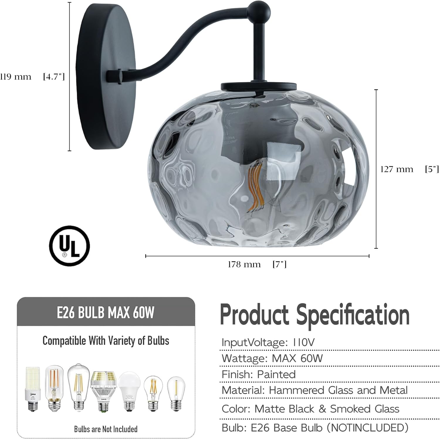 Matte Black Wall Sconce Light Smoked Hammered Glass Vanity Lighting Modern Grey Shade Wall Lamp for Bathroom Over Mirror