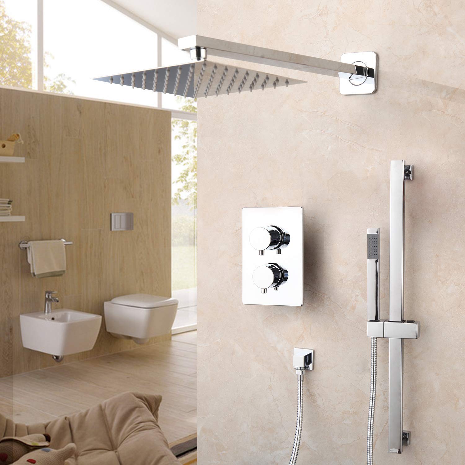 Yanksmart 10" Rainfall Shower Mixer Wall Mount With Shelf Faucet Bathtub Hand Held Sprayer Taps Chrome