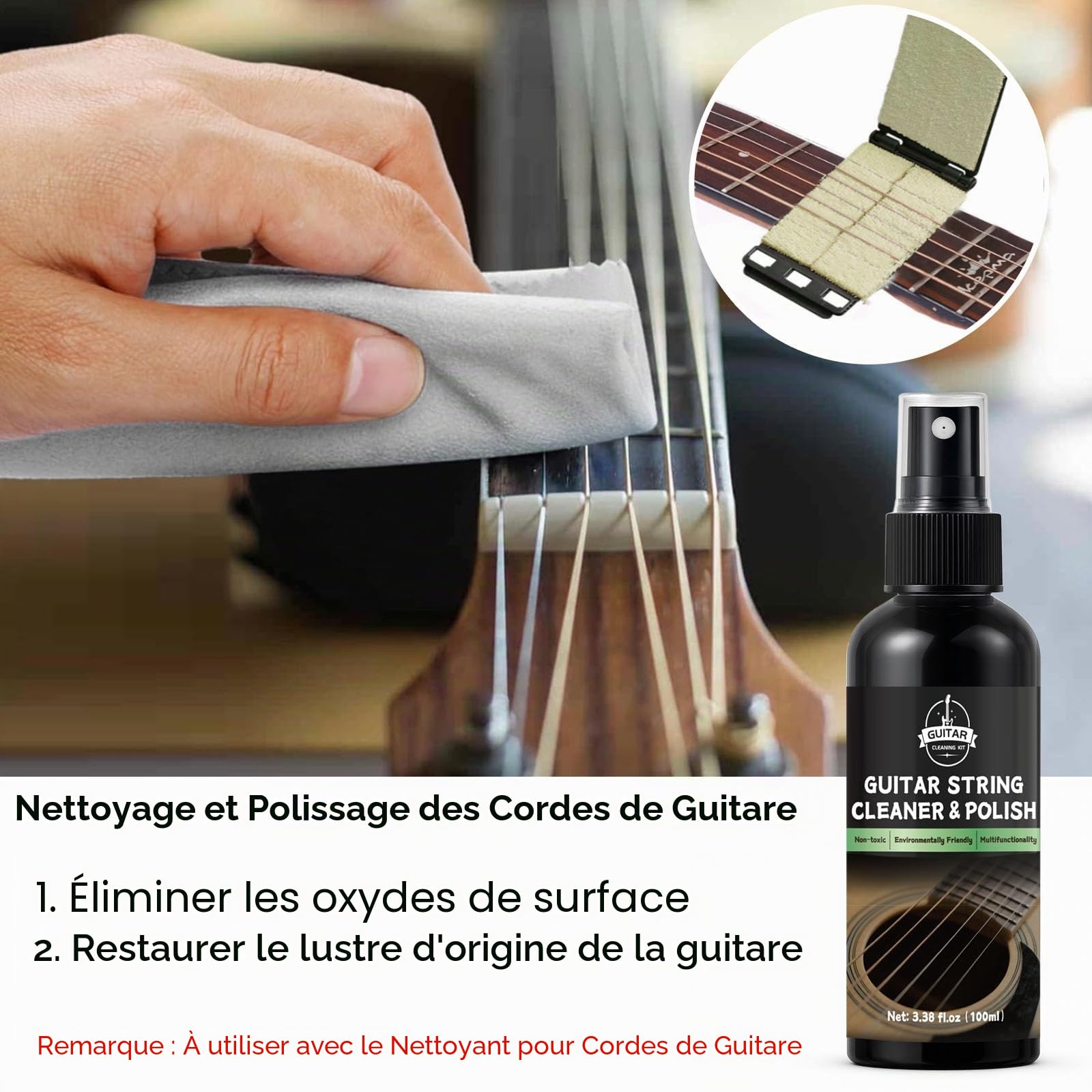 Kit de Nettoyage pour Guitare, avec Nettoyant pour Guitare, Huile pour Manche, Cire à Polir, Nettoyant pour Cordes, Cutter 3-en-1 et Chiffon en Microfibre