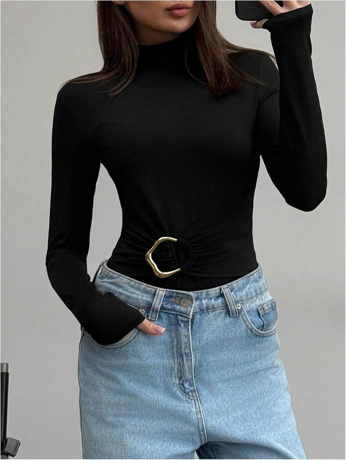 Milumia Women's Y2k Mock Turtleneck Long Sleeve Bodysuit Metal Ruched Going Out Leotard Tops - Image 2