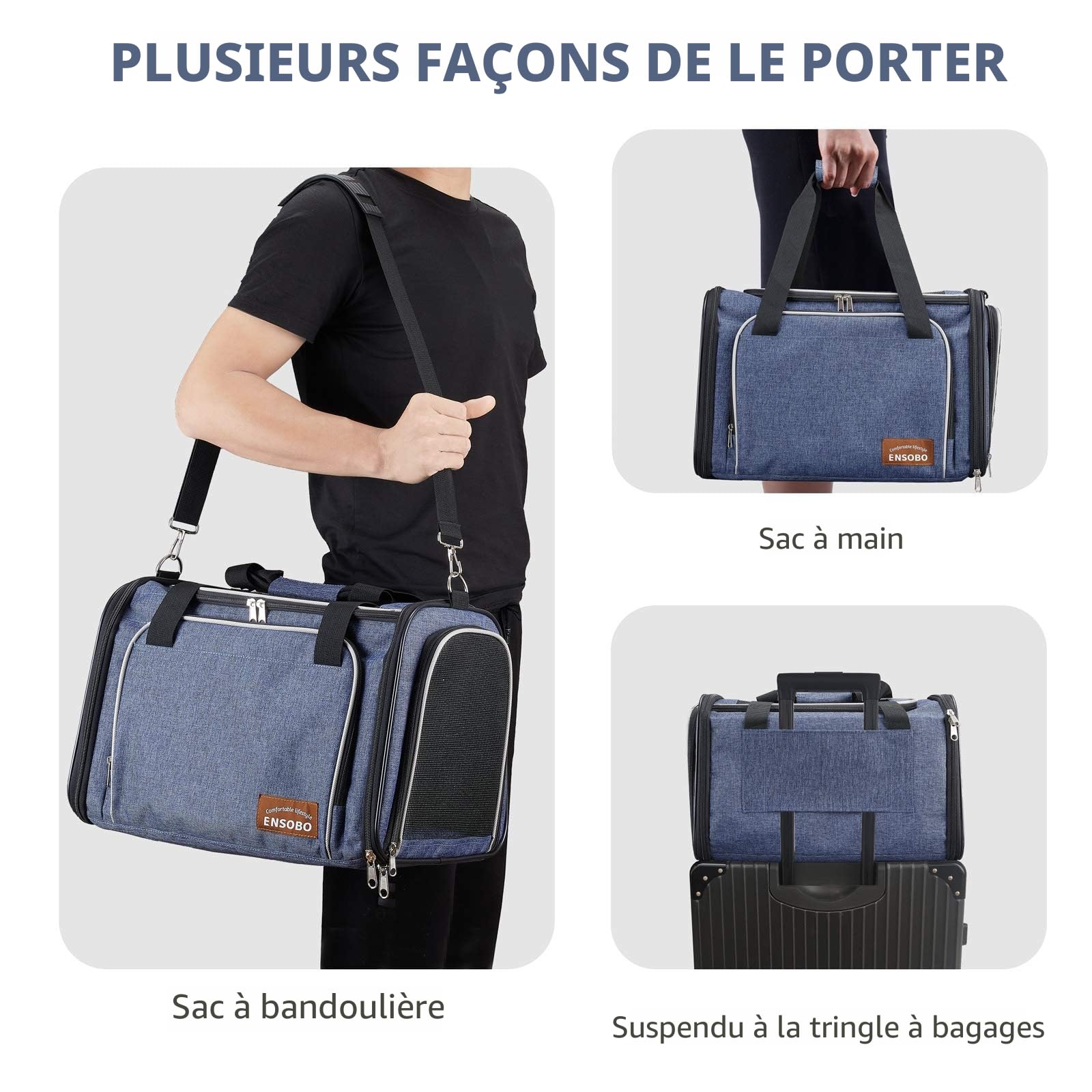 Sac Transport Chat Chien, ENSOBO Matériau Denim Résistant aux Rayures Sac de Transport pour Animal de Compagnie Avec Matelas Souple, Caisse de Transport Chat Respirant pour un Voyage Confortable