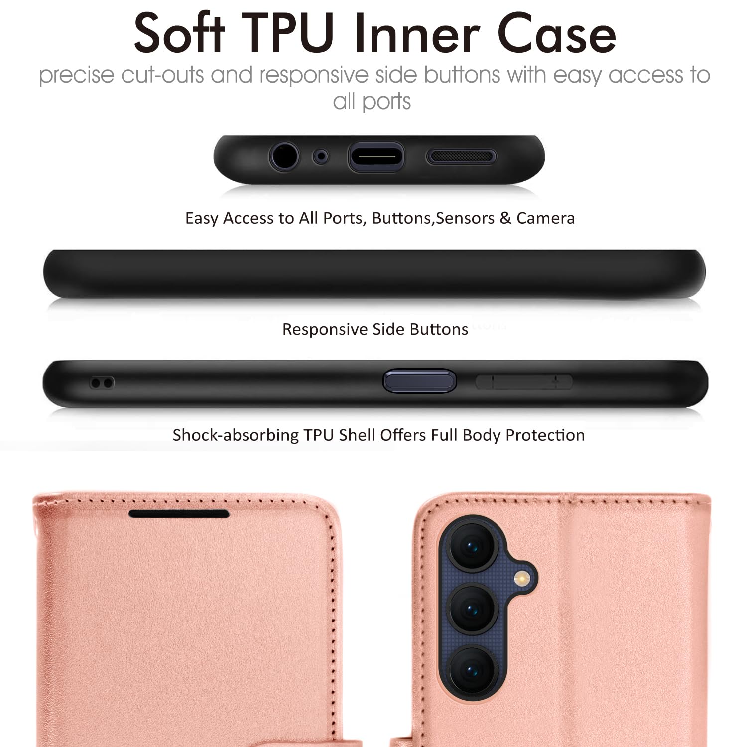 TECHGEAR Funda de Cuero tipo Cartera para Galaxy A25 5G, Funda Protectora con Tapa [BLOQUEO RFID] con Tarjetero, Soporte y Correa para la muñeca - Cuero PU Dorado Rosa con Cierre magnético para Samsun — view 6