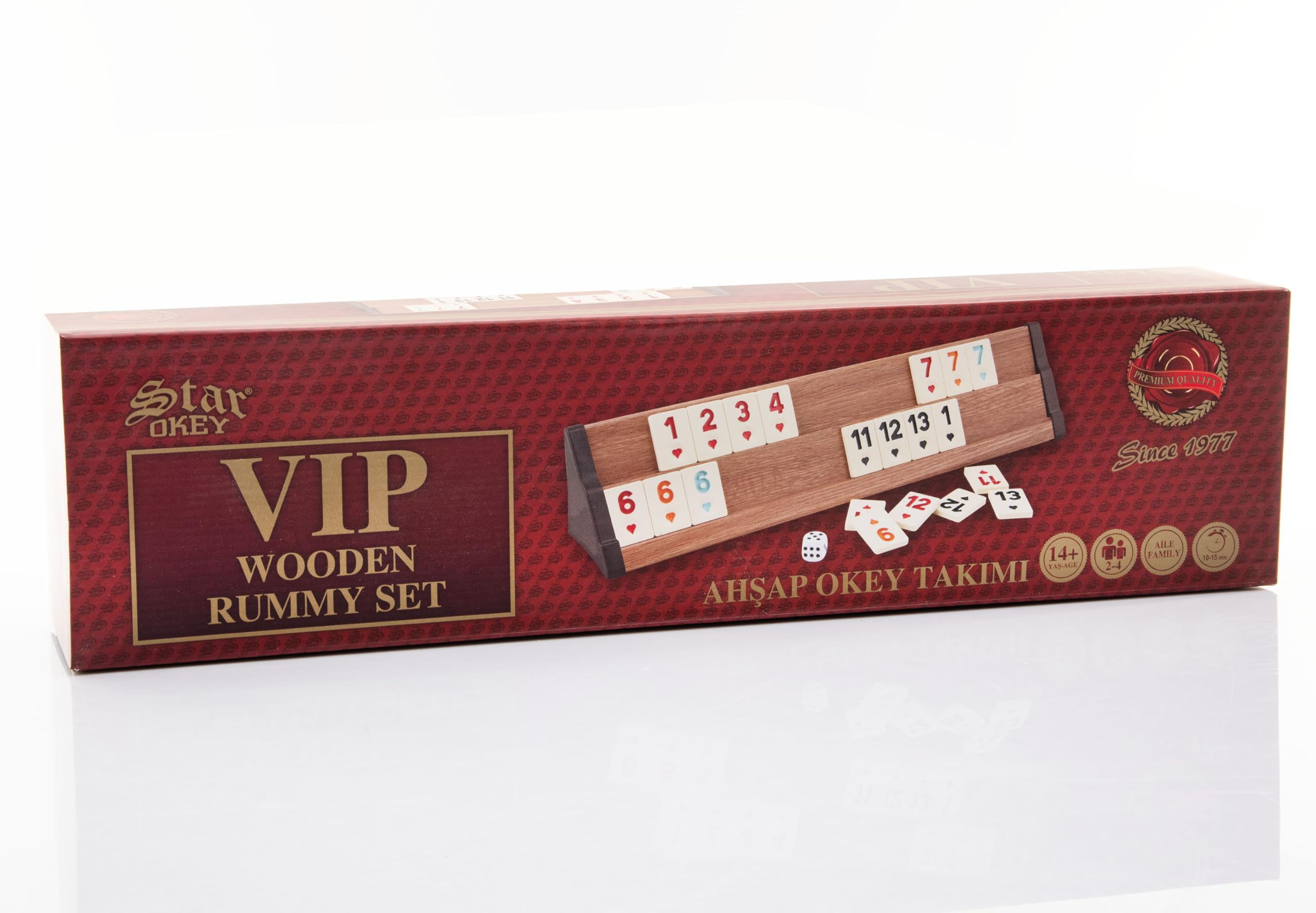 Rummy Spiel Set aus Holz mit Melamin Steinen | Rommé Star Okey Deluxe VIP hell Gesellschaftsspiel Legespiel mit Würfel