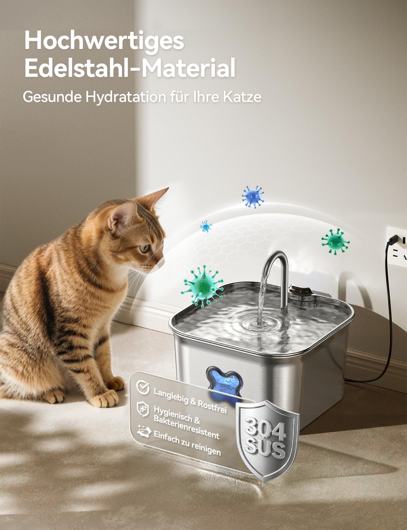 FEELNEEDY Katzenbrunnen Edelstahl, 2,8L Trinkbrunnen für Katze mit Kabel, Einfach zu Reinigen, katzenbrunnen mit Vierfaches Filtersystem & LED-Licht, Ultraleise, Spülmaschinenfest