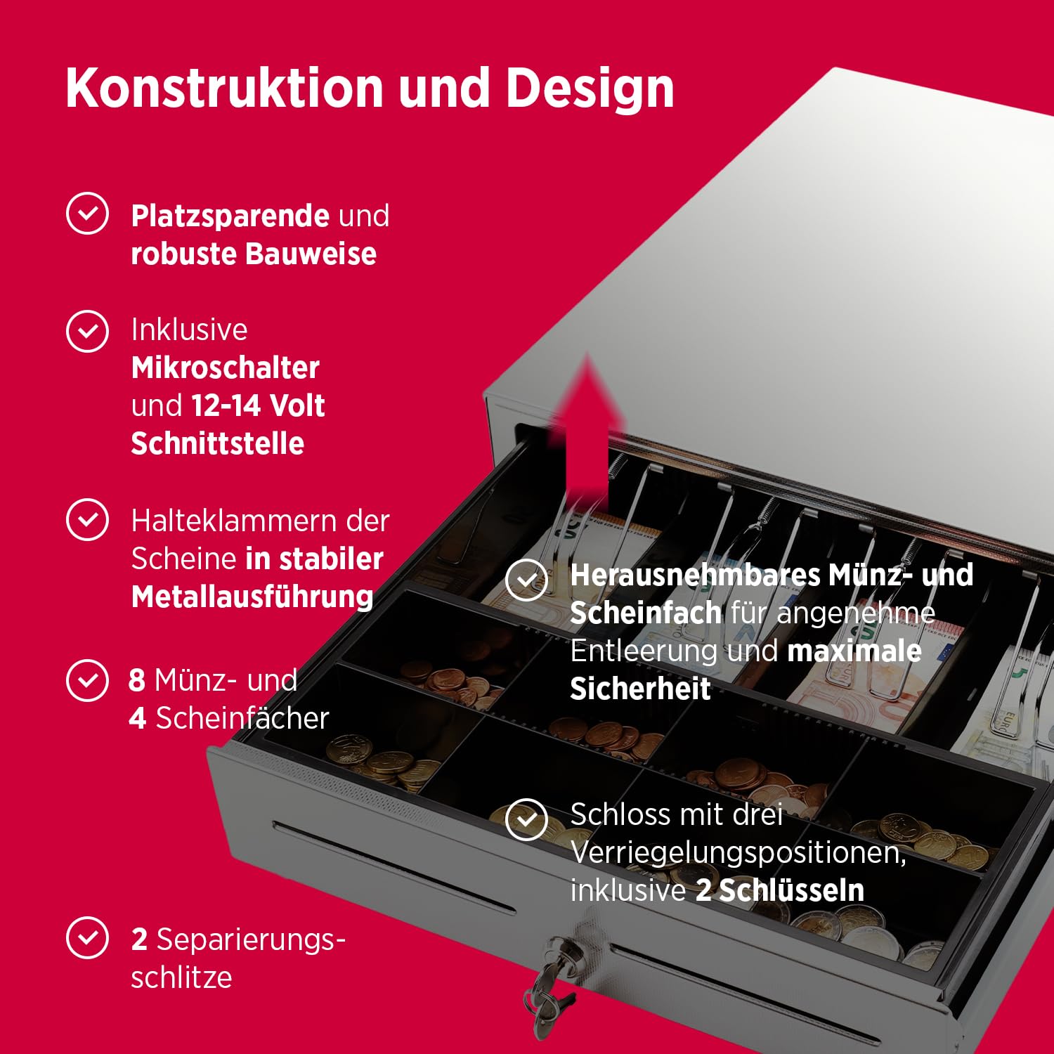 Olympia LD 410S Kassenschublade | Geldkassette abschließbar mit Einwurfschlitz | RJ12-kompatibel | 8 Münz- & 4 Scheinfächer+Halteklammern | Metallgeldbox für Handel & Gastronomie | 41,5x41x10,4 cm