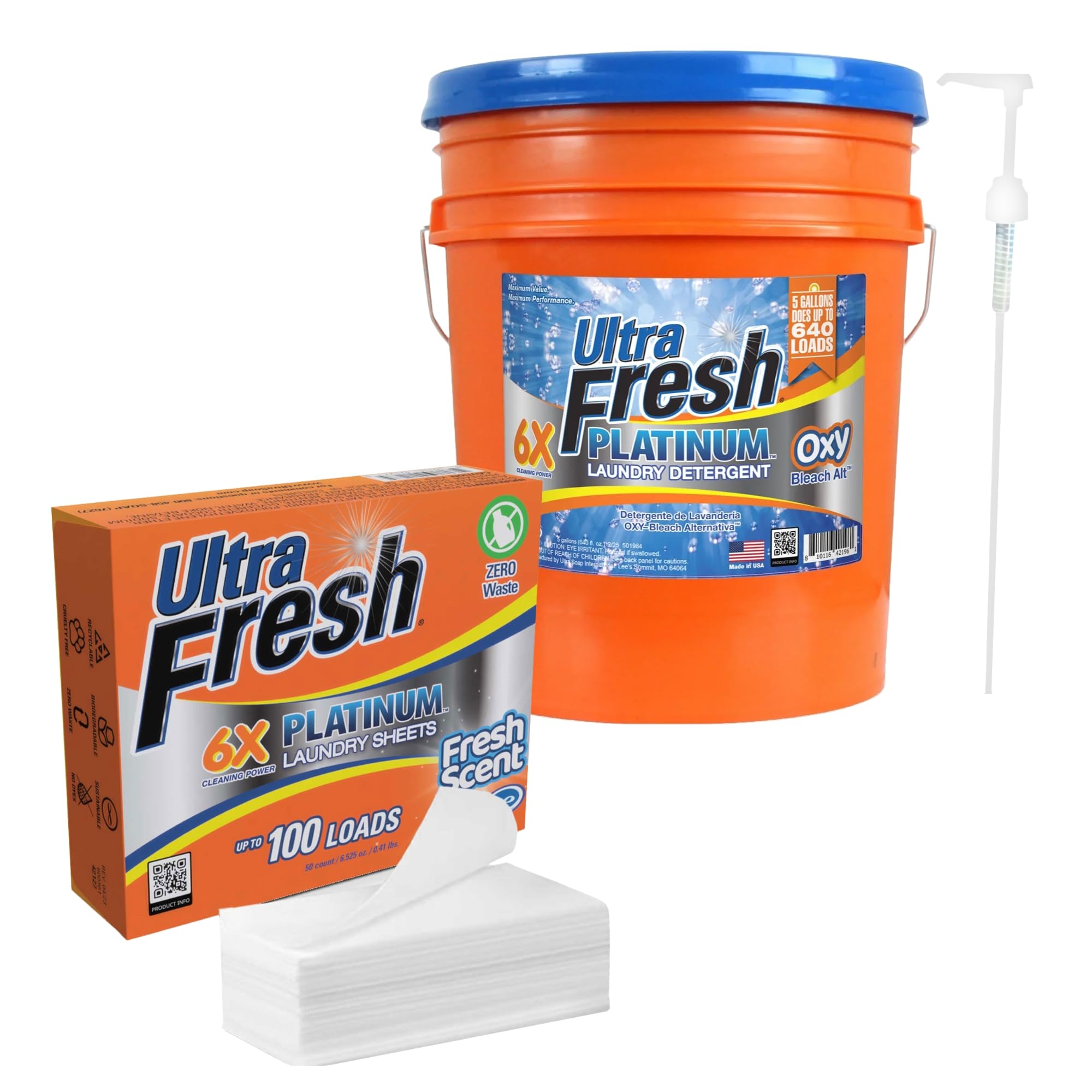 Ultra Fresh 6X Platinum Laundry Detergent, Up to 640 Loads, Bleach Alt, 5 Gallon Bundled with Platinum 6X Laundry Detergent Sheets with Fresh Scent