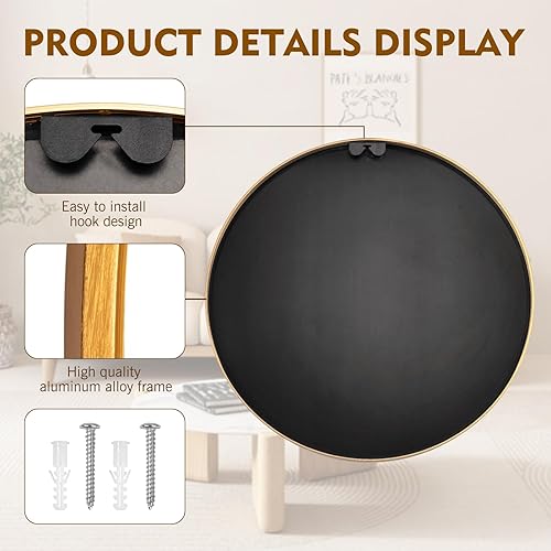 Miniatura 5 de DZ Aimier Espejo redondo dorado de 24 pulgadas, espejo circular montado en la pared con marco de metal para tocador de baño, entrada, sala de estar,