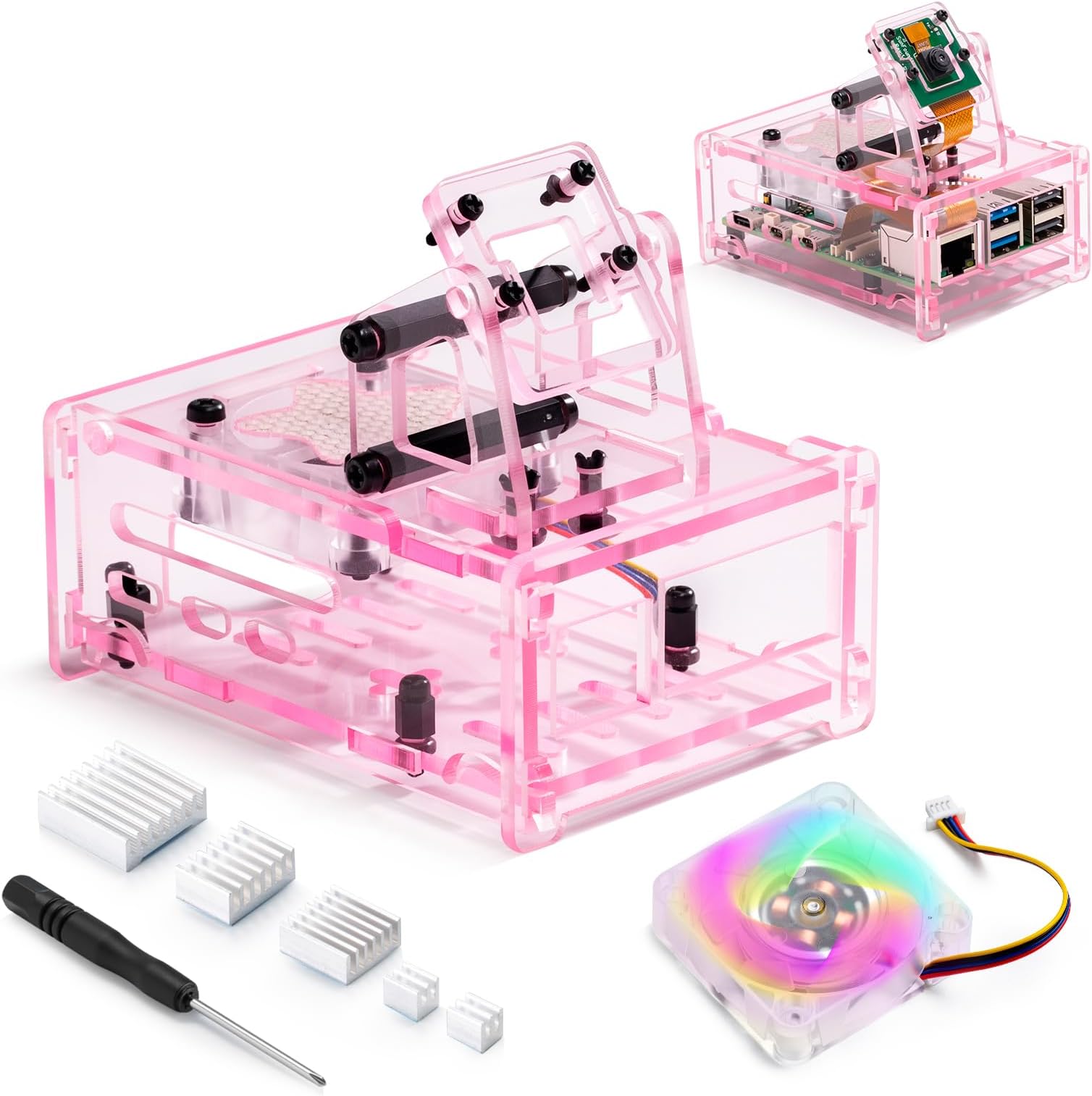 Transparent Acrylic Case for Raspberry Pi 5,The Cooler kit with 40mm Cooling PWM RGB Fan,5pcs Aluminum Heatsinks, RPi 5 Camera Case Adjustable Bracket, Compatible with 3.5-inch Display.（Pink）