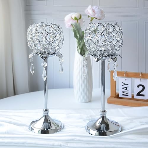 Kehail Juego de 3 candelabros de cristal dorado con forma de flor con cuenco colgante de cristal, portavelas de metal votivo para centros de mesa,