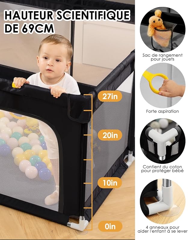 Țarc de joacă pentru copii derimkcoa 130x130x66 cm, gri, cu ventuze antiderapante, gard de siguranță pentru bebeluși cu fermoar, pentru interior și exterior