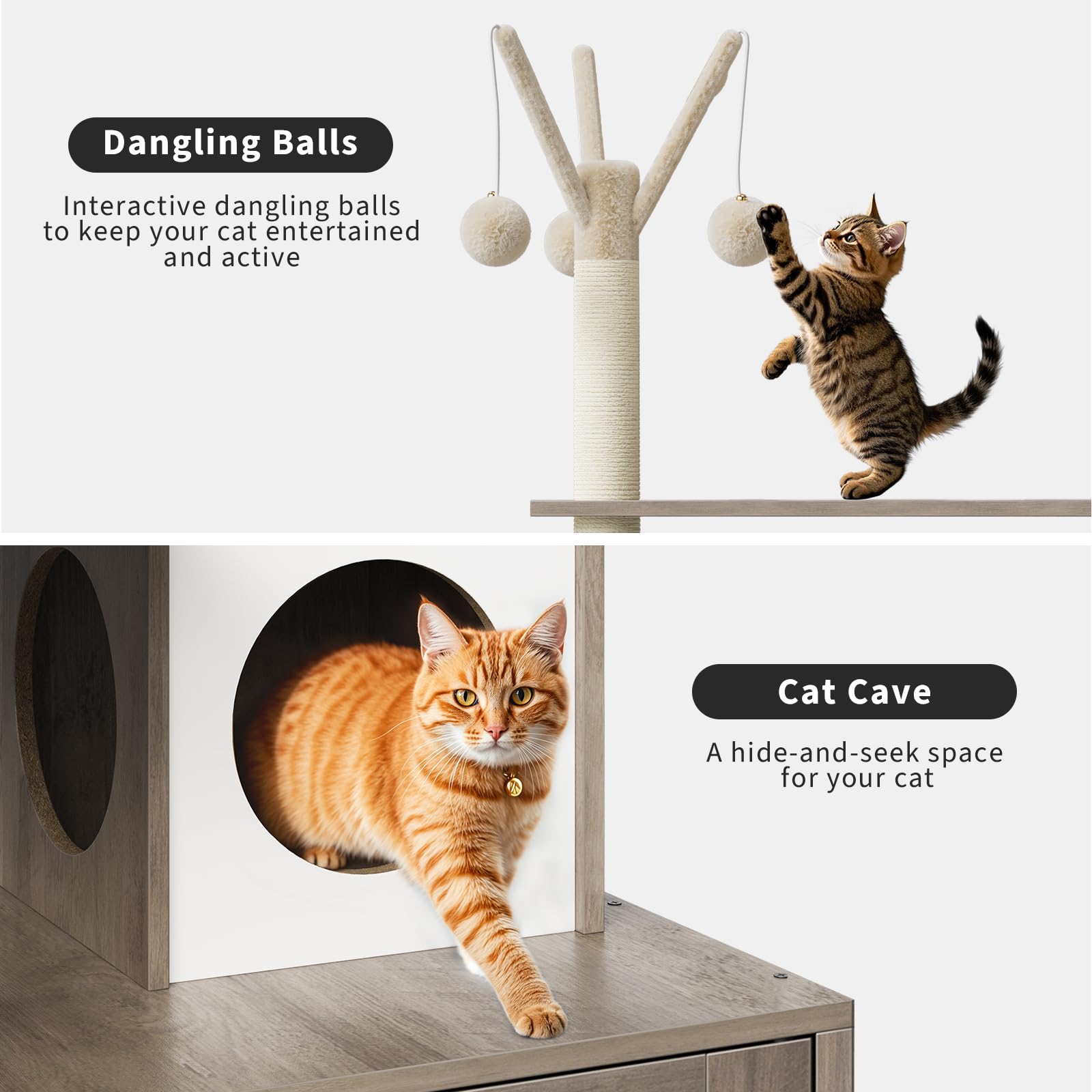 Kratzbaum Groß Mit Katzentoilettengehäuse, Versteckte Katzentoilette Mit Sisal-Kratzbaum Und Weichem Plüschsitzplatz, Aktivitätsbaum, Katzenmöbel Aus Holz Mit Mehreren Plattformen, Grau