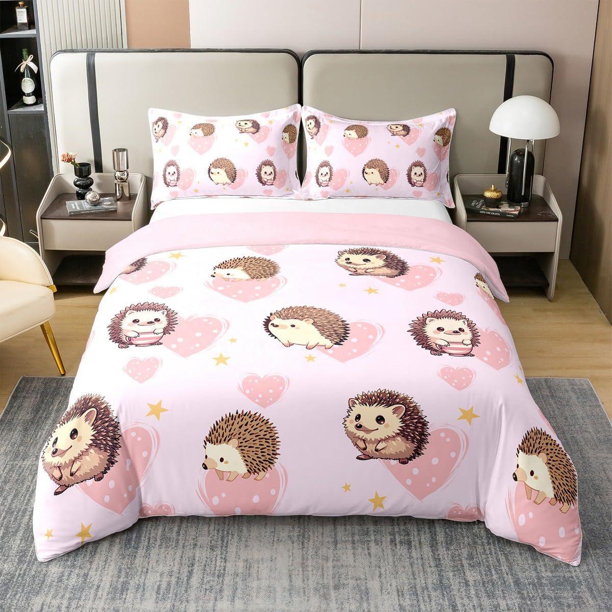 Hedgehog 100% Baumwolle Bettbezug 135x200,Cartoon Woodland Tier Bettwäsche Set für Kinder Jungen Mädchen,Rosa Pastell Bett Sets,Love Heart Bettbezug mit 1 Kissenbezug Atmungsaktiv,Kein Tröster