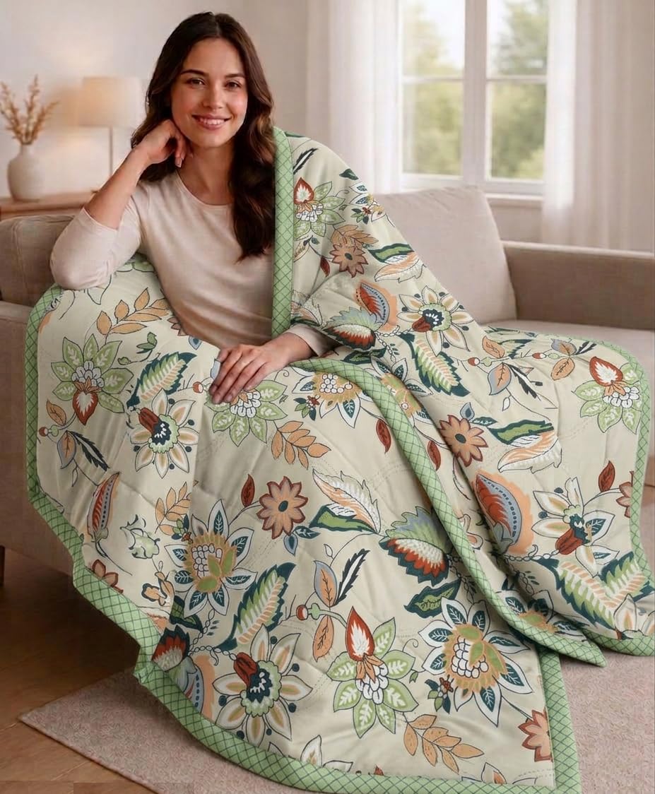 Harleen Cotton Reversible (90x90 Inch) Summer Blanket, AC Comforter with Classic Printed Design, Cooling Quilt Dohar for Single Double Bed, Ideal for Gifting (Flower Comforter)-image-25