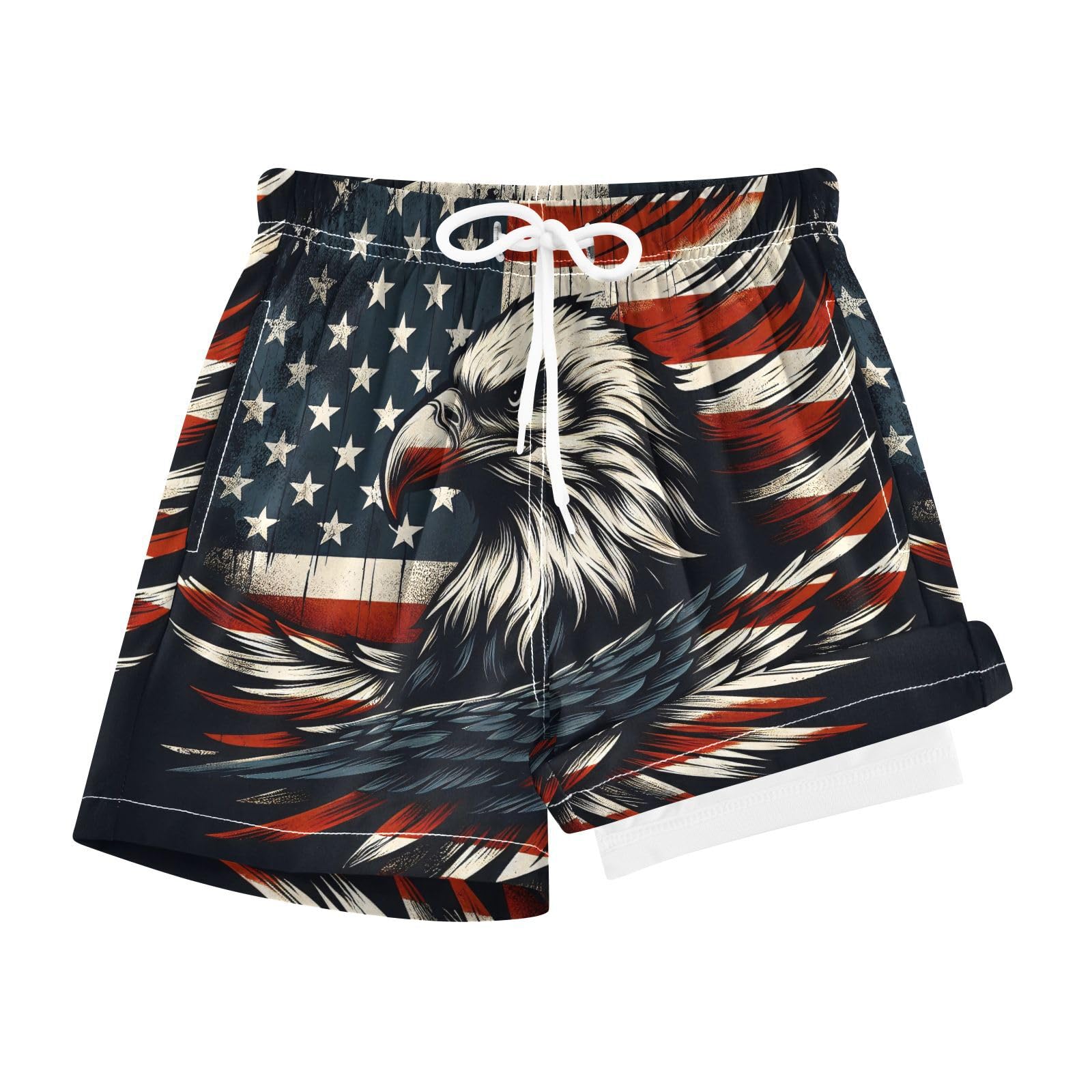 YANENDIE Boy Swim Trunks with Compression Liner Eagle Flag Pattern Boys Swim Shorts Quick Dry Beach Shorts