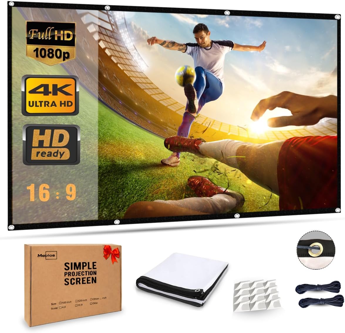 Projector Screen 100 Inch 16:9 HD 4K, Wrinkle-Free Foldable Portable Movie Screen for Indoor Outdoor Home Theater Cinema
