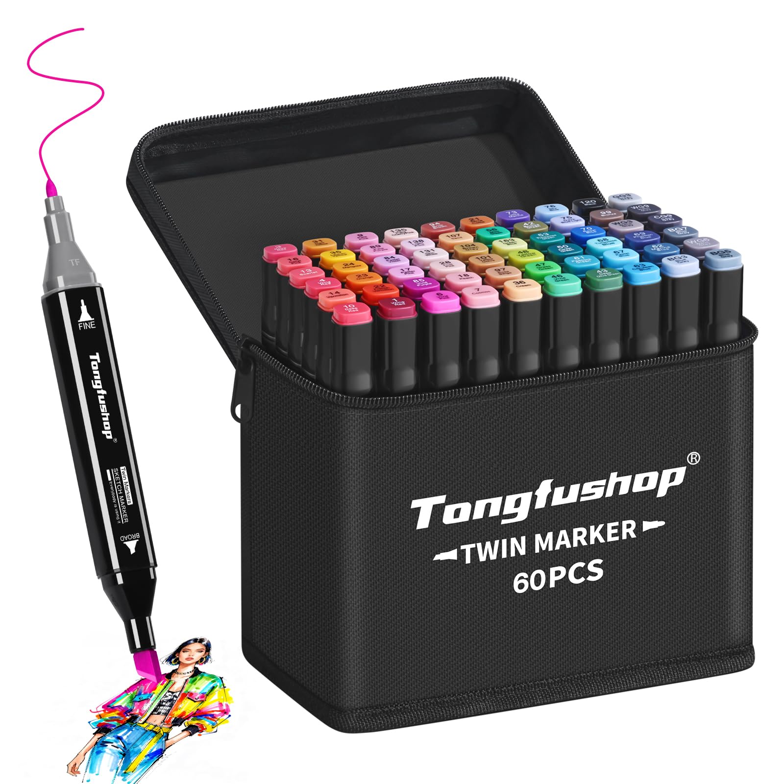 Tongfushop Filzstifte Marker Set, 60 Farben Alkohol Marker mit Feinspitze & Breitspitze, 2-Sekunden Schnelltrocknend, Alkohol Stifte mit Anti-Seepage Abstandshaltern für Malerei, Design