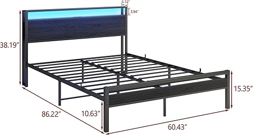 Miniatura 2 de BOFENG Base de cama Queen con cabecera de almacenamiento/luces LED, marco de cama de plataforma de metal con estación de carga, marco de cama tamaño