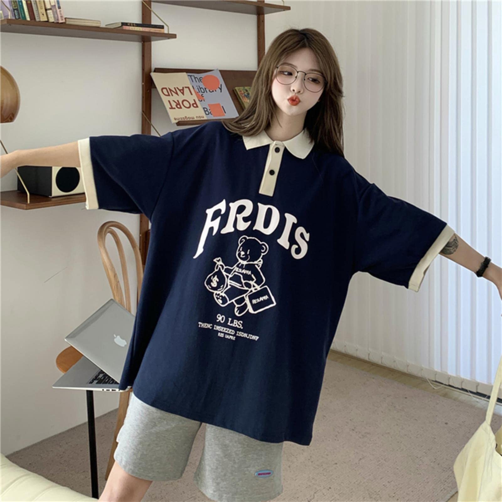 Camiseta para Mujeres Camisa de Gran tamaño de Manga Corta Lapa de Oso Informal-White,L