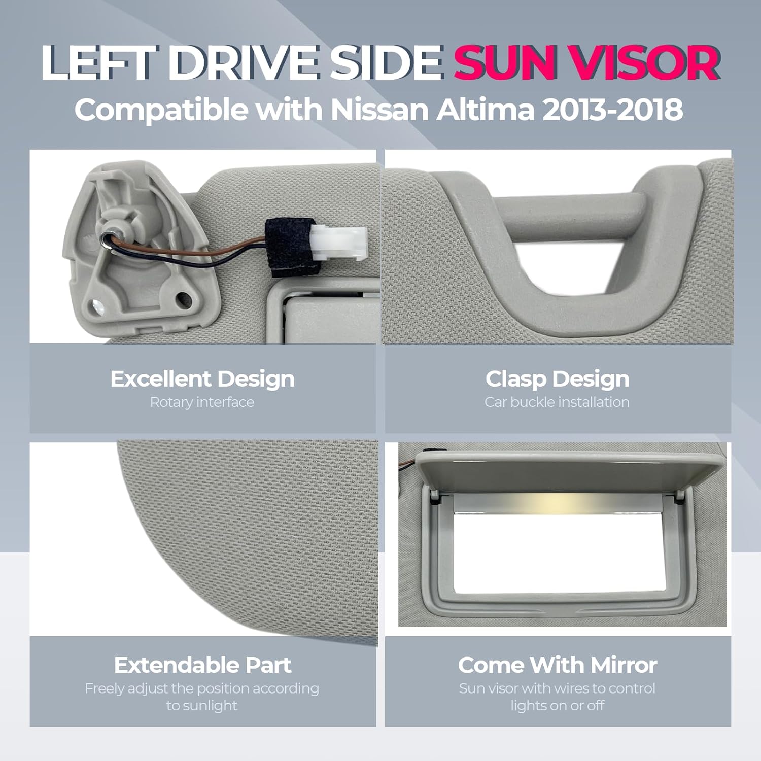 Left Driver & Passenger Side Sun Visor with Light Replacement Fits for Nissan Altima 2013 2014 2015 2016 2017 2018, Without Sunroof 96401-3TA2A 96400-3TA2A Gray (Gray(Driver & Passenger Side))