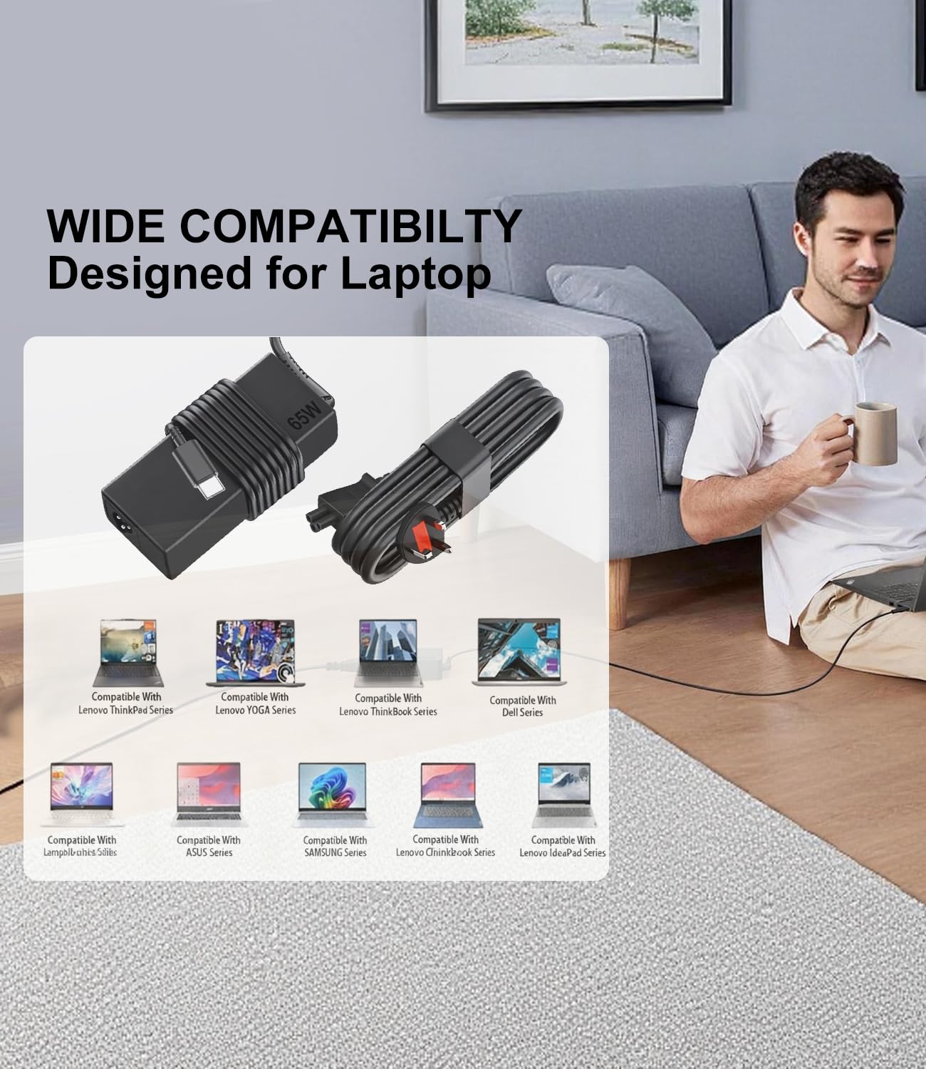Cluvox USB C 65W 45W AC Replacement laptop Charger,Compatible with Lenovo ThinkPad T14 T15 T480 T480S T490 T490S T580 T590 E490 Chromebook 100e 300e S330 Yoga 720 910 920,Laptop Power Supply Adapter — view 6