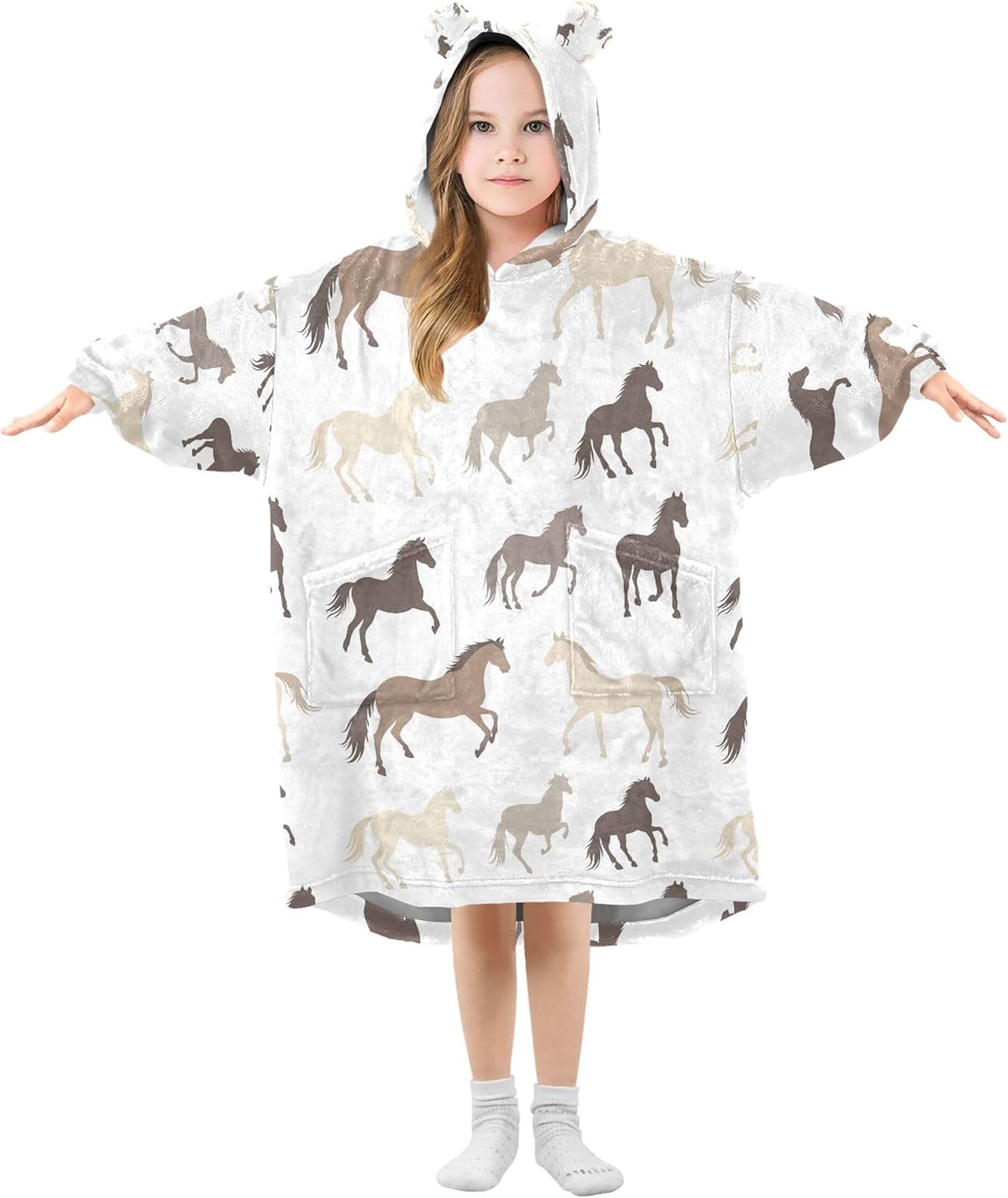 Horse Animal Kids Wearable Blanket Hoodie with Pocket and Sleeves for Toddlers, Cute Hoodies Girls Boys B0403906