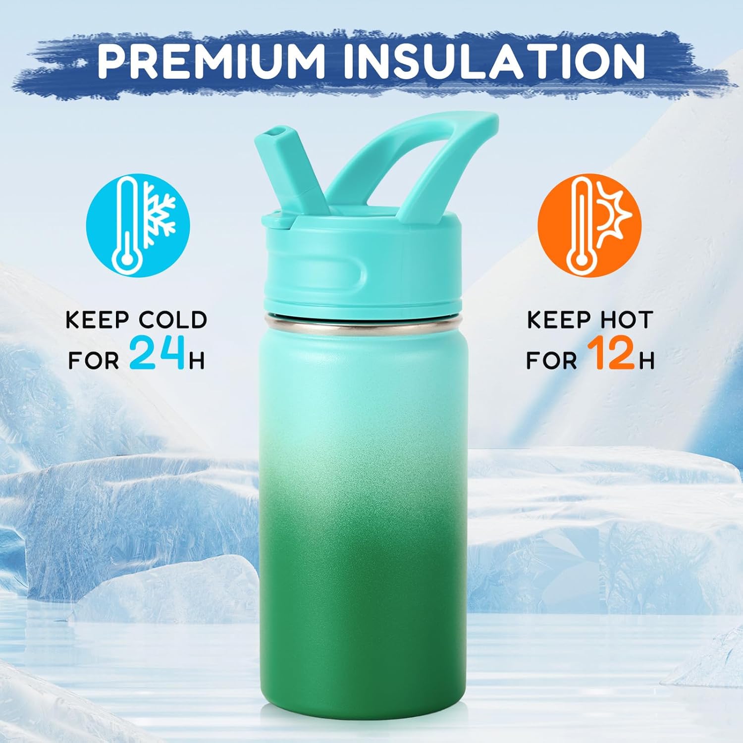 Fijinhom 12oz Kids Water Bottle for School, Toddler Bottles with Straws, Stainless Steel Vacuum Insulated Water Bottle for Boys&Girls, Leak-Proof, BPA-Free, Nature Couple