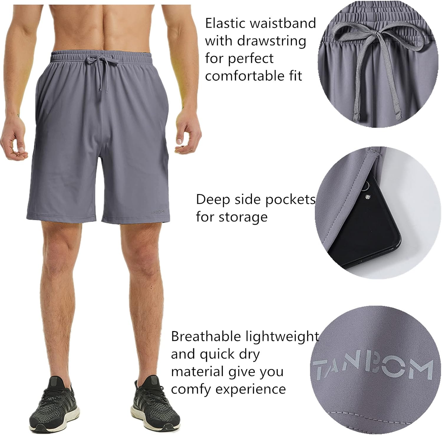 ZONBAILON Mens Drawstring Gym Shorts Deep Pockets 7 Inch Athletic Basketball Shorts Pack