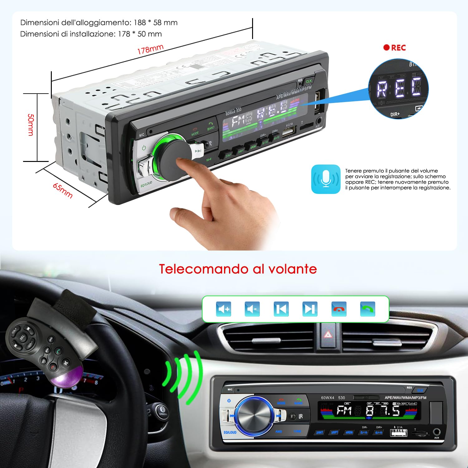 Autoradio Bluetooth con sistema vivavoce autoradio con Bluetooth USB/TF/lettore MP3/radio con connessione AUX Auto, autoradio FM con telecomando 1 DIN RDS Funzione di ricarica rapida