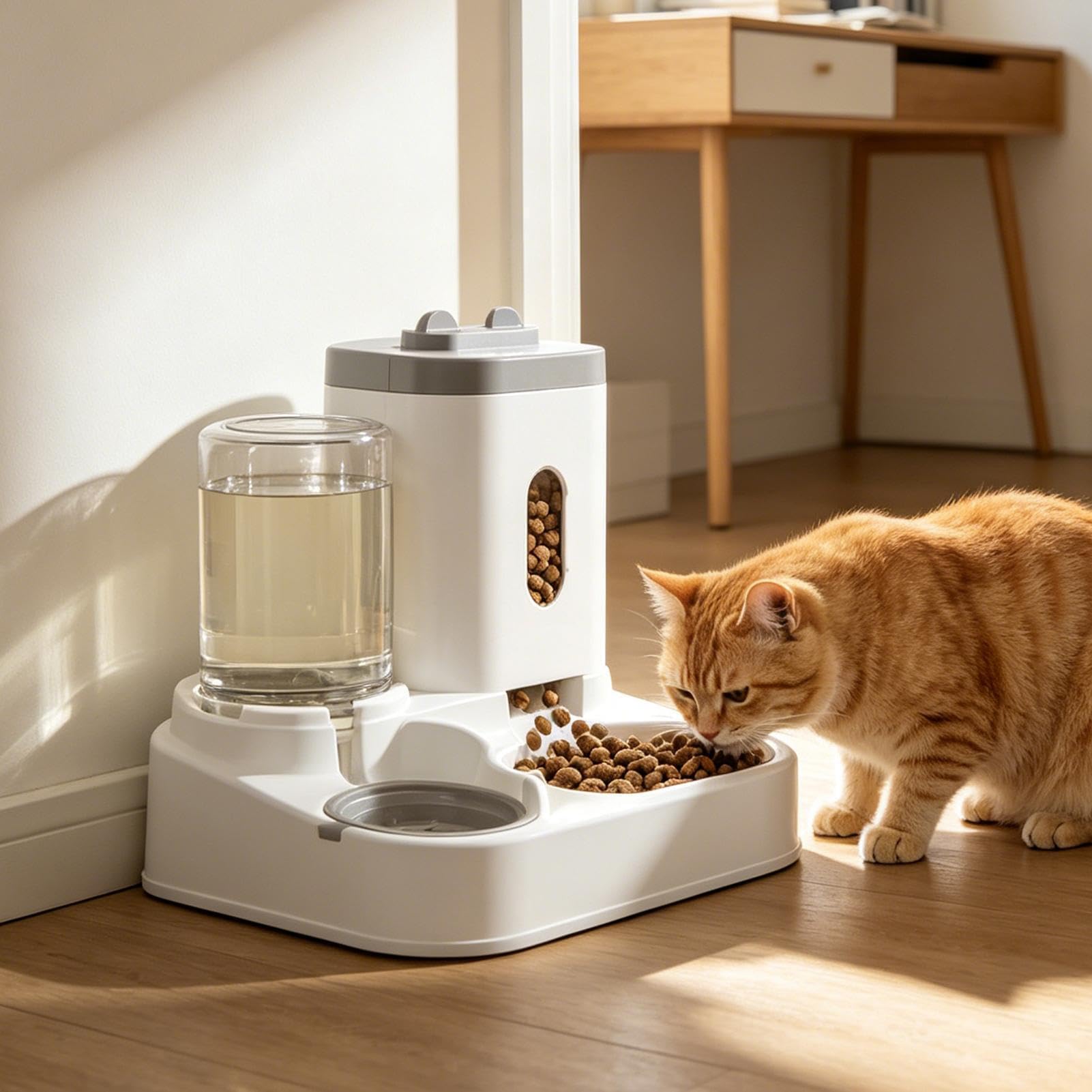 Distributeur Croquettes Chat Automatique,Distributeur Croquettes Chat Automatique 2 en 1 PP 2.2L Distributeur Croquettes Et 0.8L Fontaine A Eau Combo Mangeoire avec Gamelle Grande Capacité，Gris