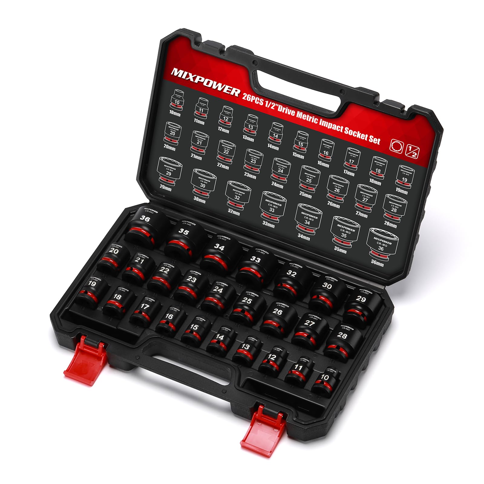 MIXPOWER Set di 26 bussole a impatto poco profondo, 12 punti, metriche, 10-36 mm, CR-MO, dado dell'asse per una facile rimozione